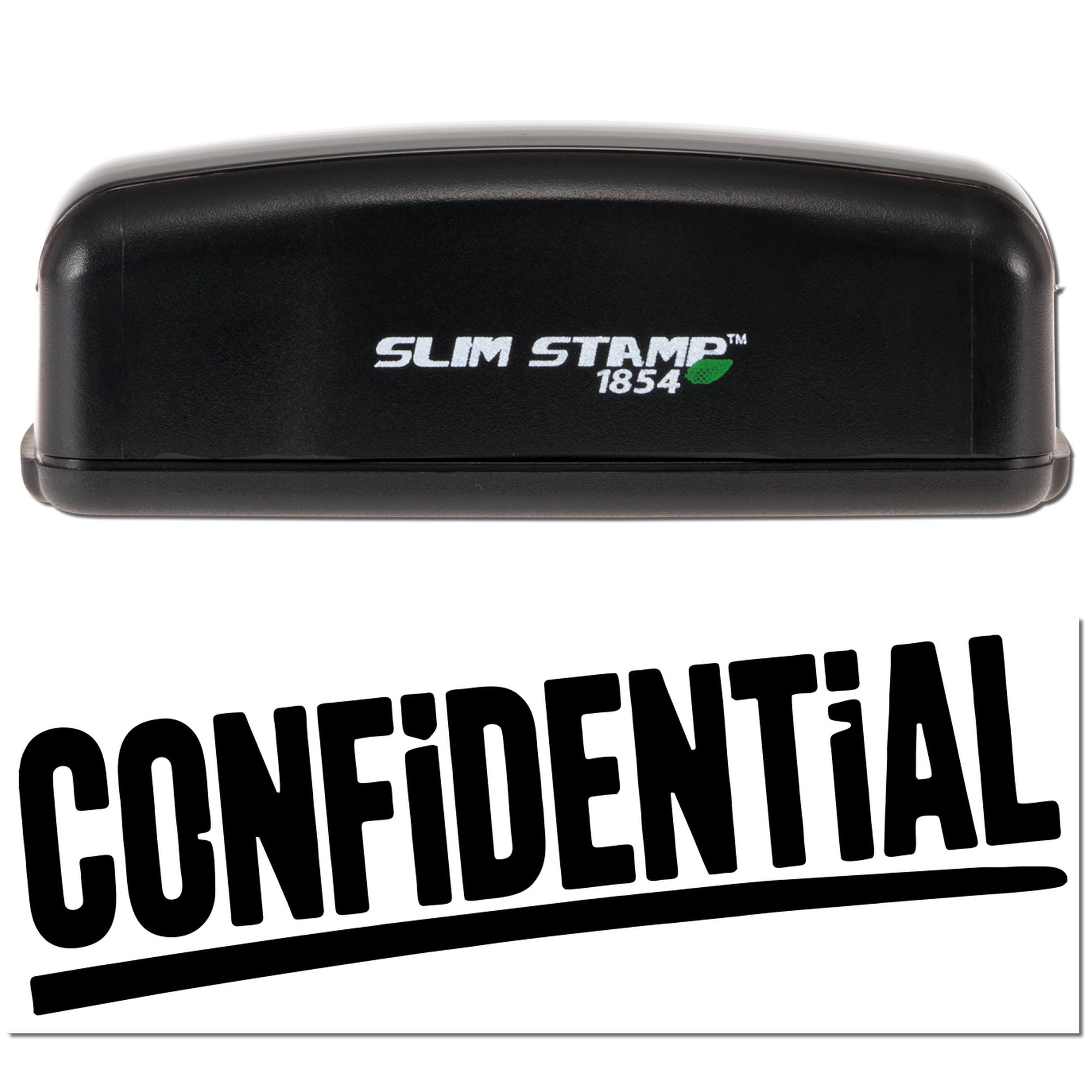 Black Slim Stamp 1854 self-inking stamp and seal with green leaf logo and bold Confidential imprint on white background