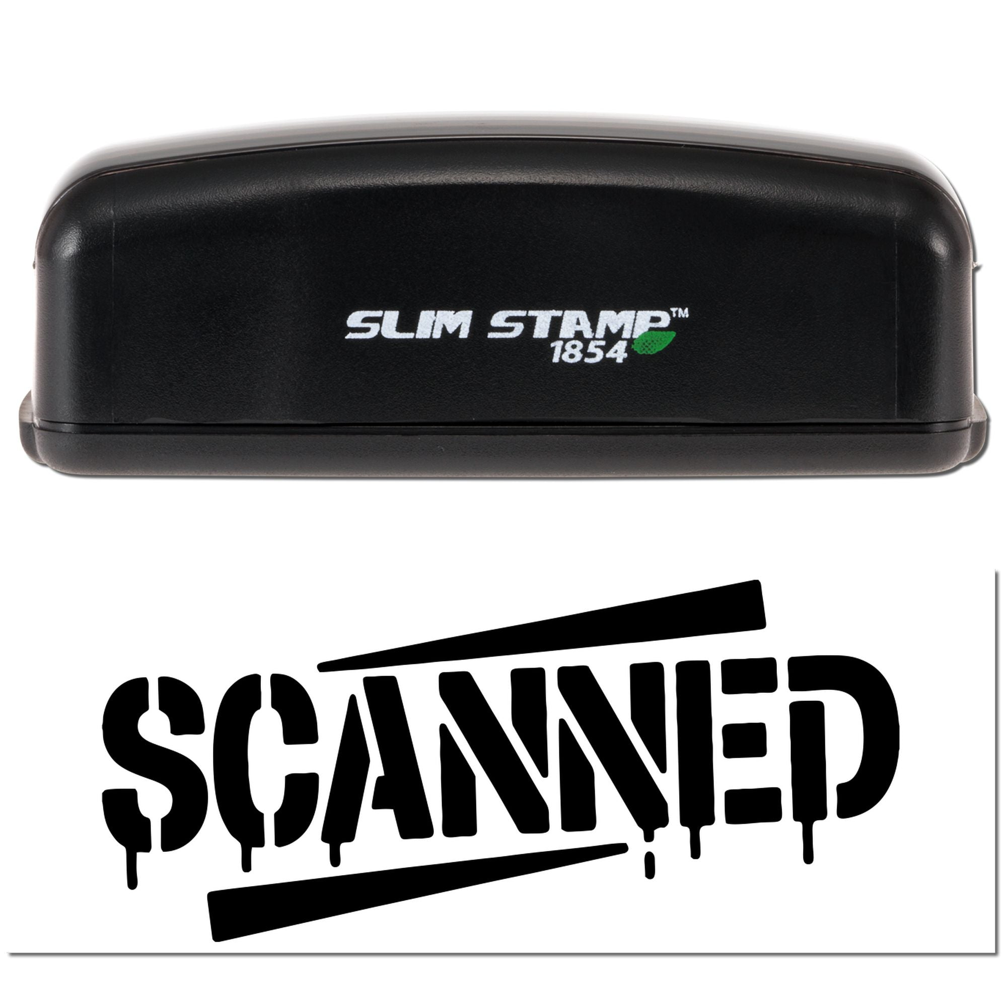 Black Slim Stamp 1854 self-inking stamp and bold SCANNED seal graphic with green leaf logo on white background.