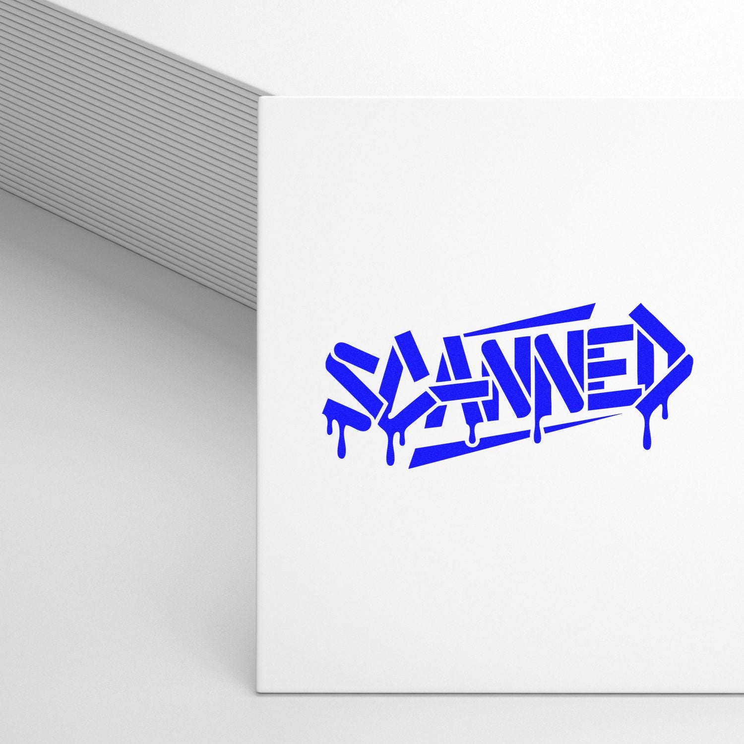 White stamp and seal mockup with bold blue graffiti-style lettering and drip accents on a clean white background.