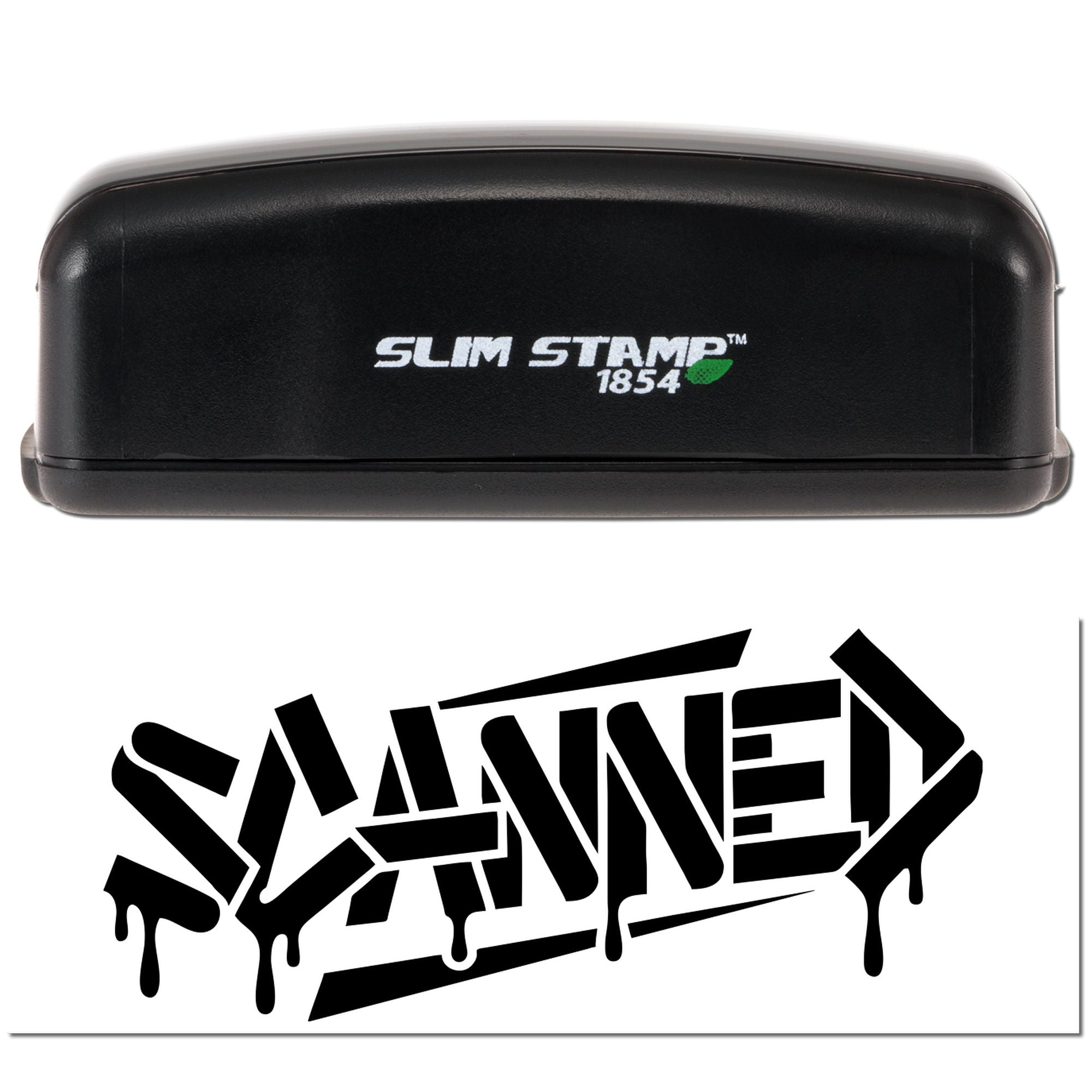 Black Slim Stamp 1854 self-inking stamp case with white logo and green leaf, above a bold black custom seal design.