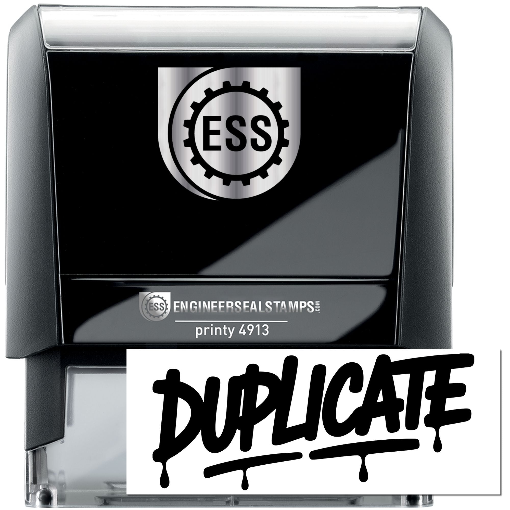 Black and silver self-inking duplicate stamp with ESS logo and bold DUPLICATE seal imprint.