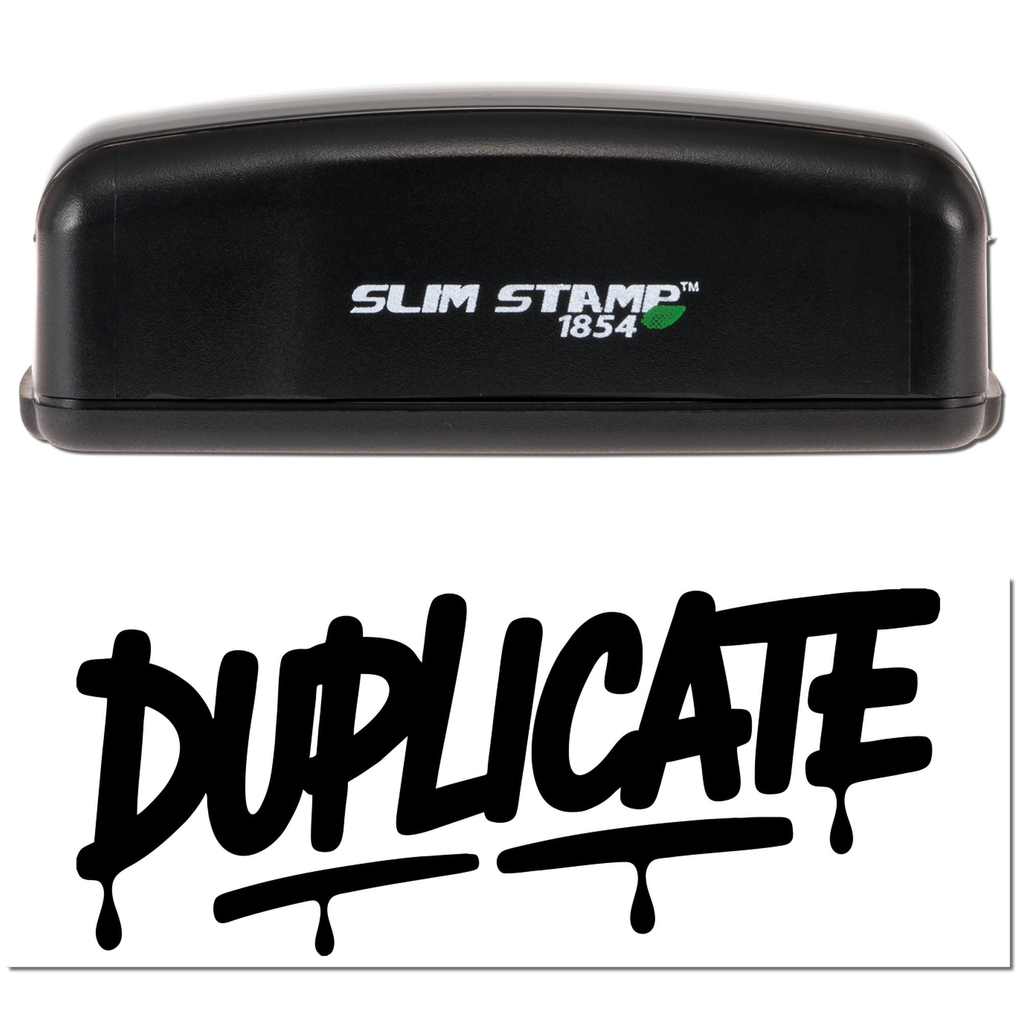 Black Slim Stamp 1854 self-inking stamp with bold black DUPLICATE seal impression on white background.