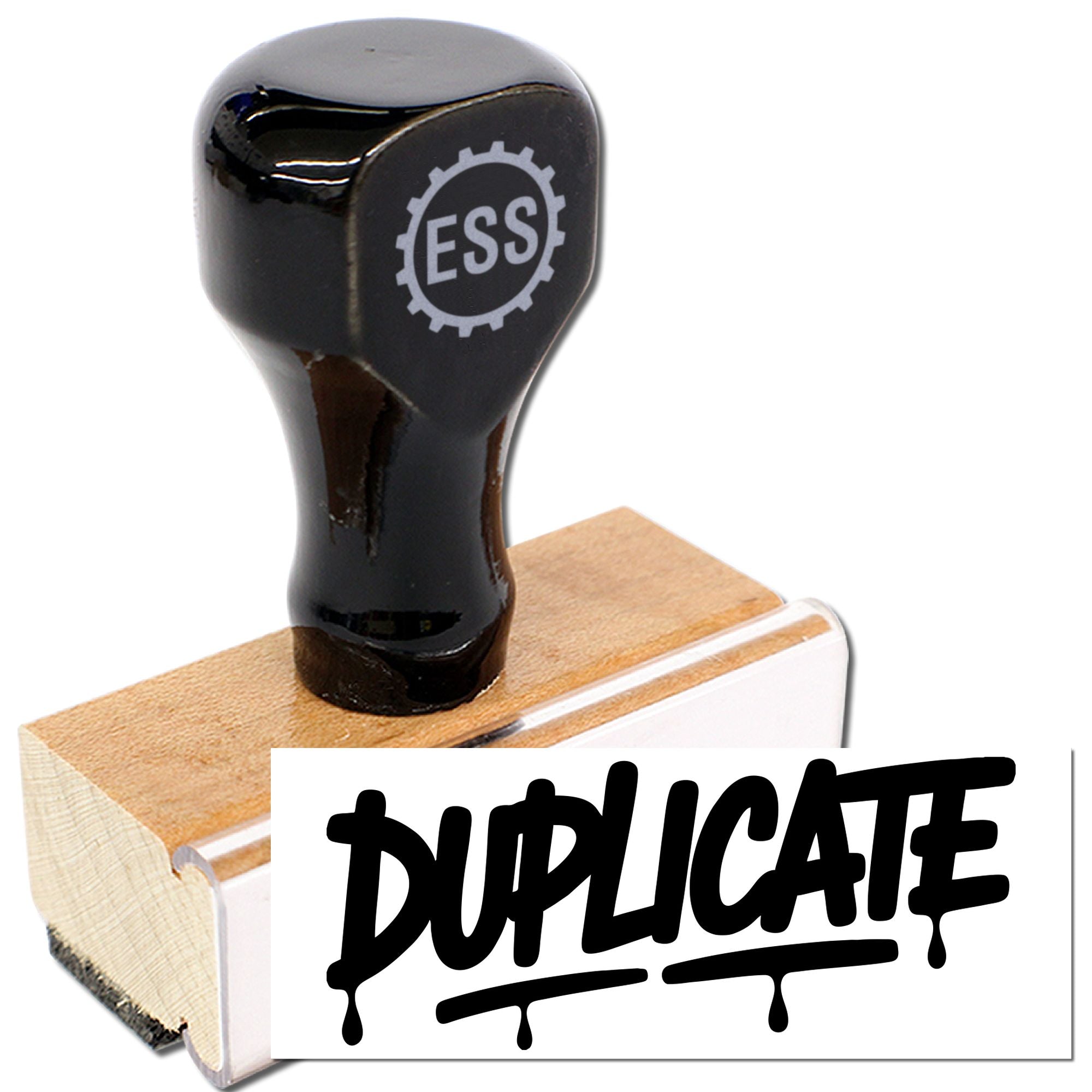 Black rubber duplicate stamp with wooden block, showing ESS logo and bold black DUPLICATE imprint.