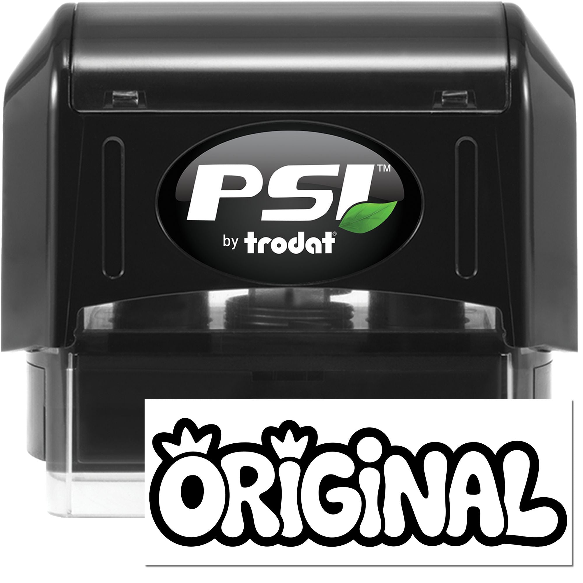 Black PSI by Trodat stamp and seal with green leaf logo and white Original imprint design.