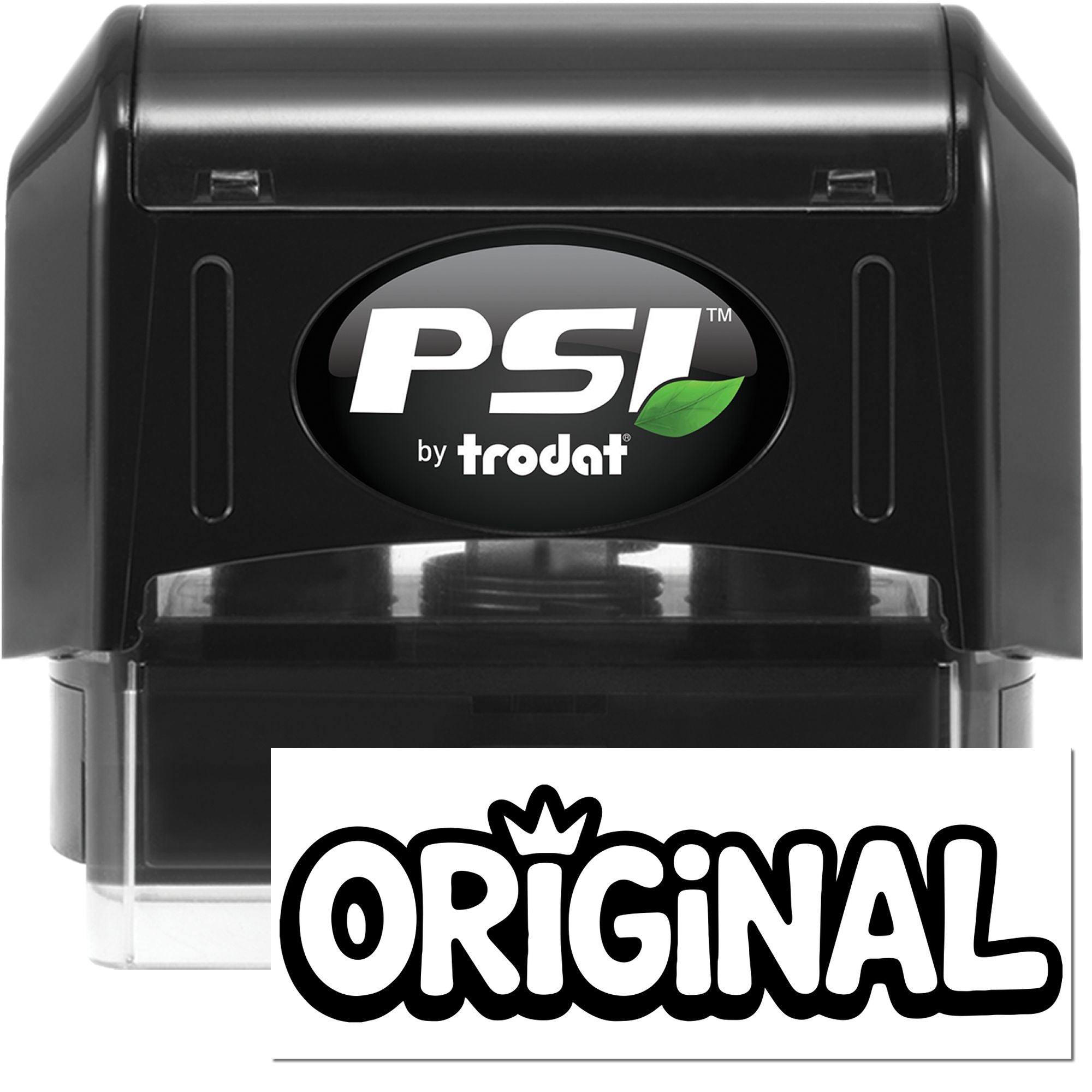 Black PSI by Trodat self-inking stamp and seal, black casing with white logo, green leaf accent, and ORIGINAL imprint sample.