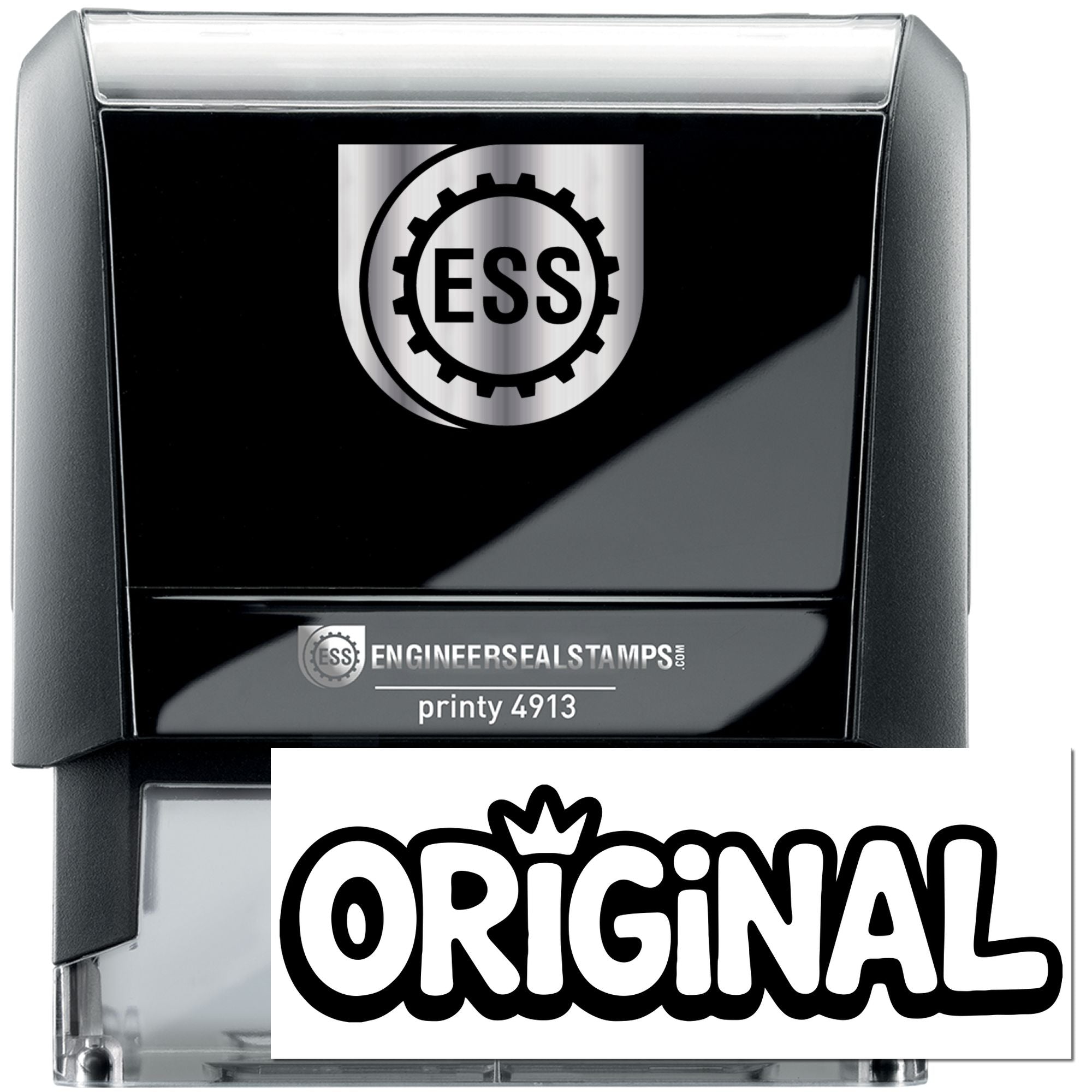 Black self-inking stamp and seal with silver-gray casing, ESS gear logo, and Original imprint plate.