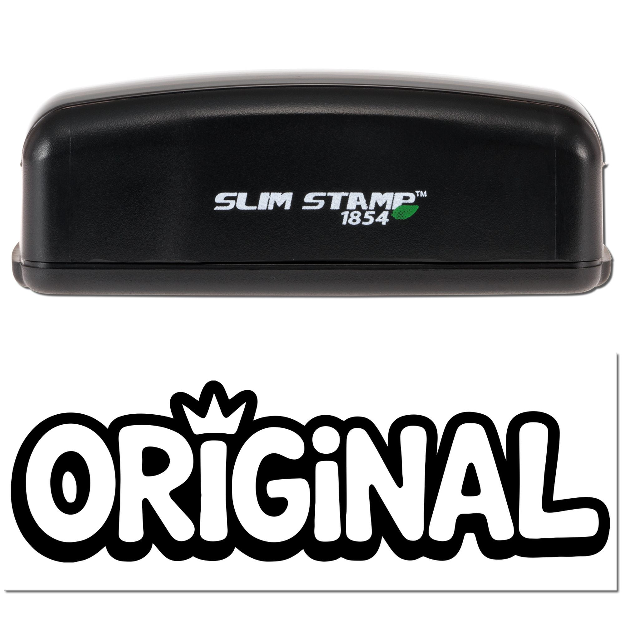 Black Slim Stamp 1854 self-inking stamp with green leaf logo above bold black ORIGINAL seal design.