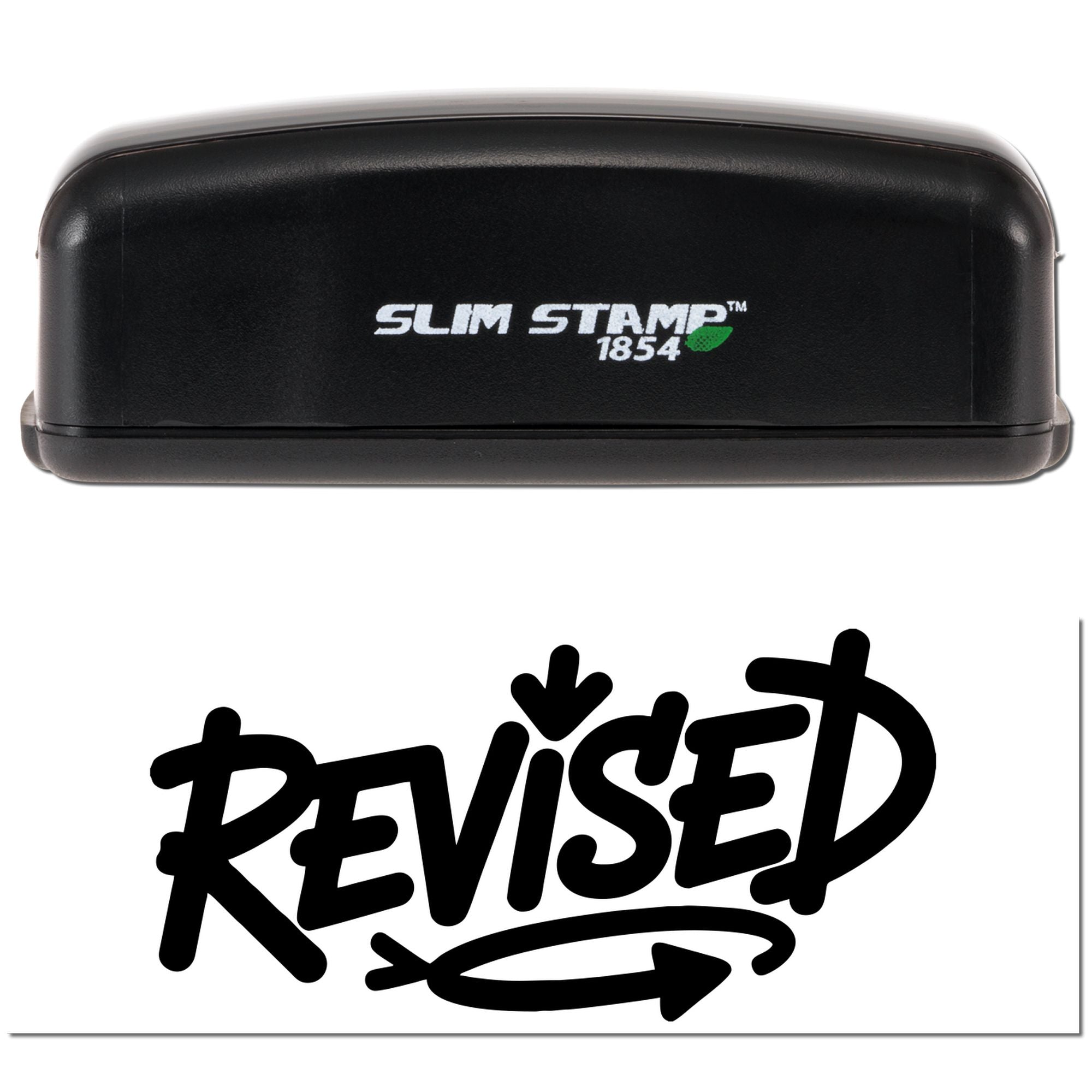 Black Slim Stamp 1854 self-inking stamp with green logo and bold Revised seal on white background.