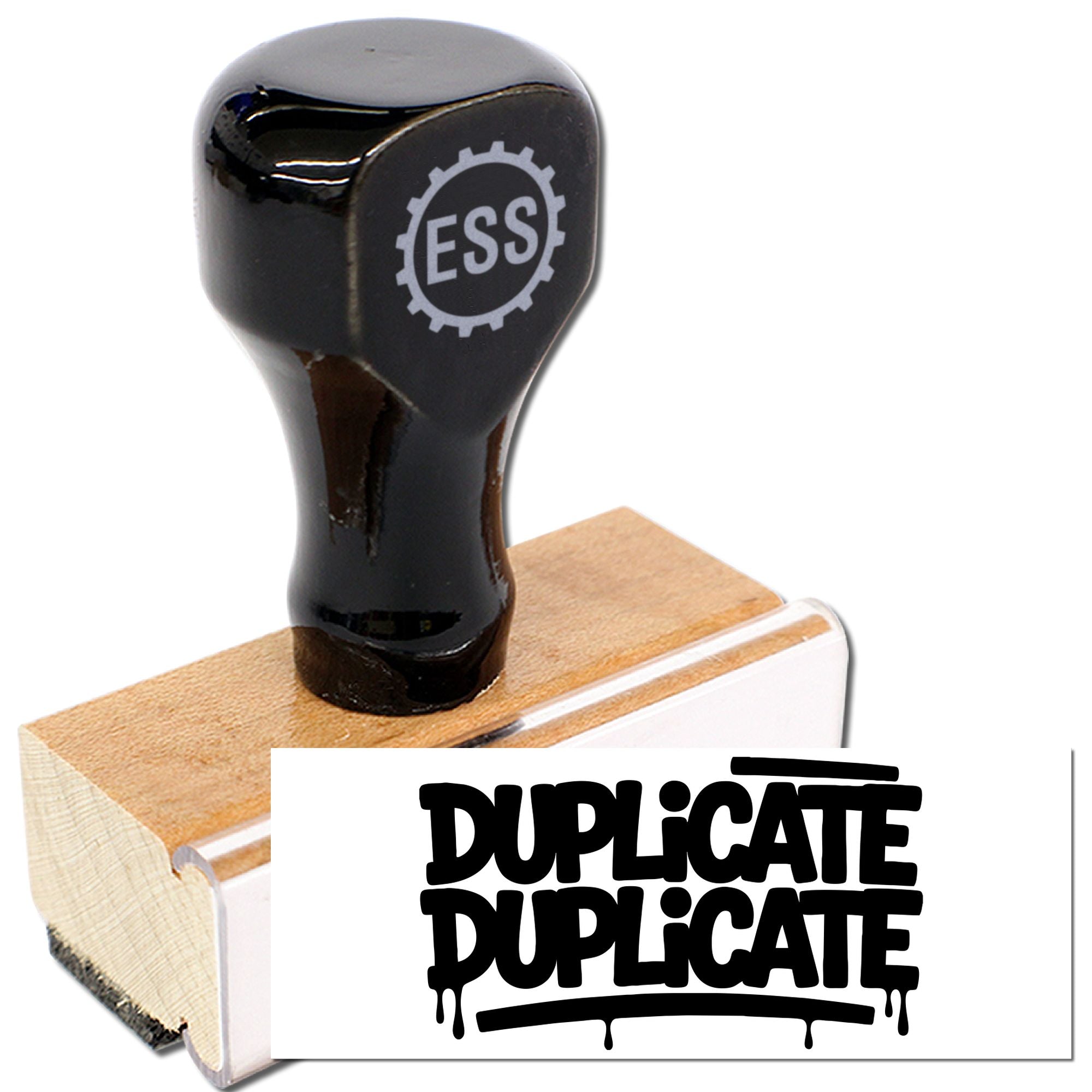 Black ESS rubber stamp on wooden handle with duplicate seal imprint and bold DUPLICATE text.