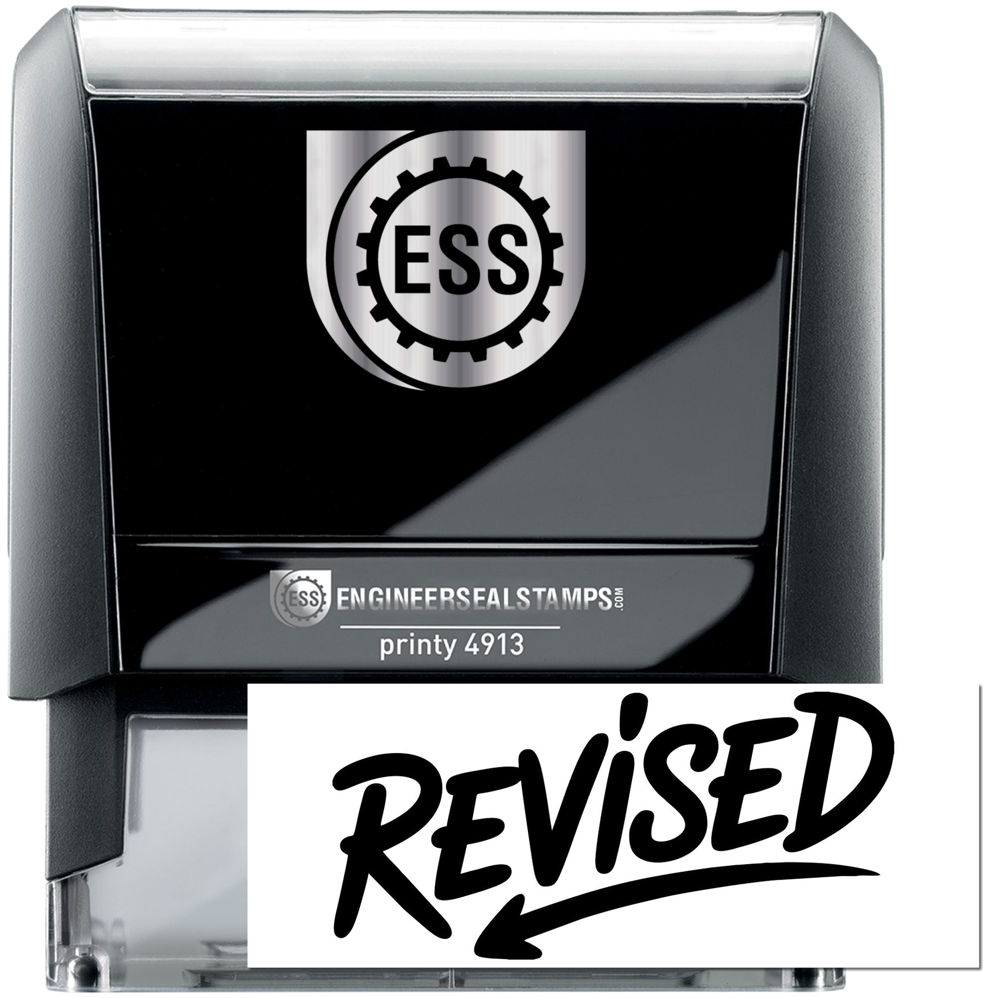 Black and silver self-inking engineer seal stamp with ESS logo, printy 4913, and bold Revised text.
