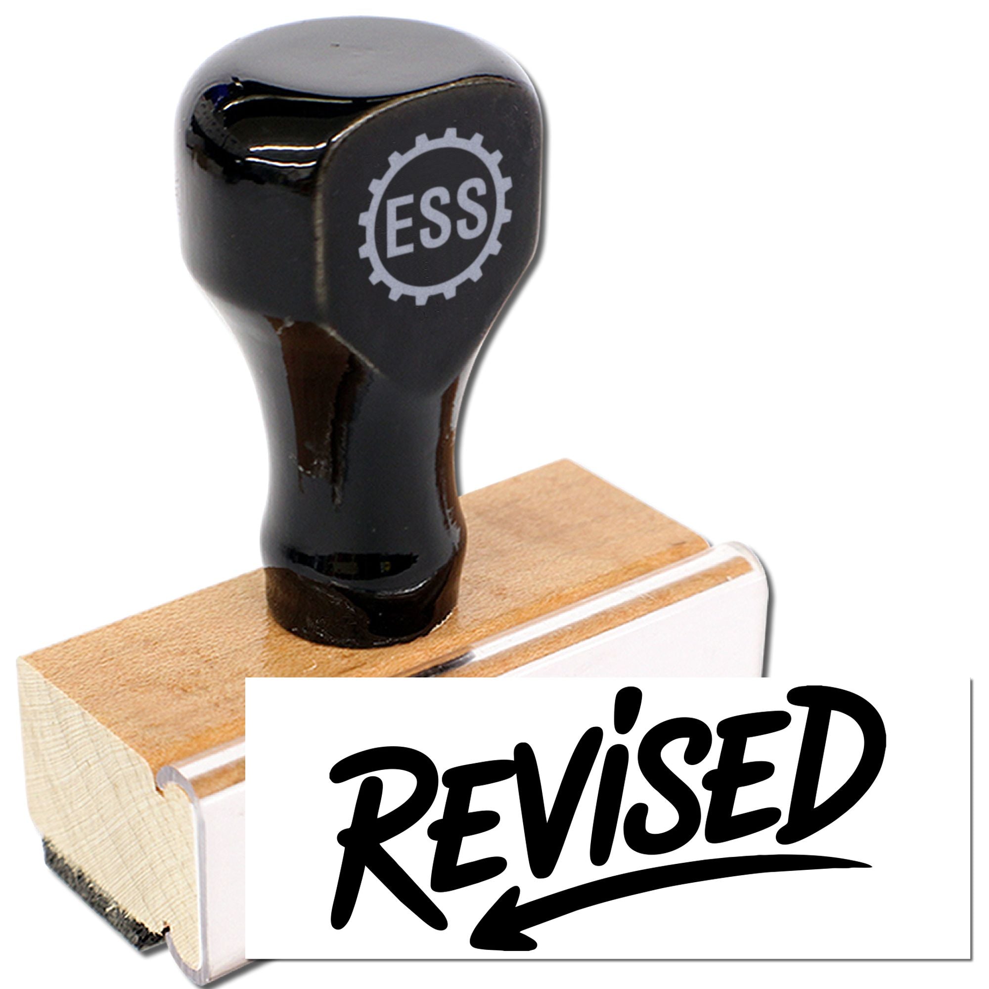Black rubber stamp and seal on wooden base, marking REVISED in bold black text with ESS gear logo.
