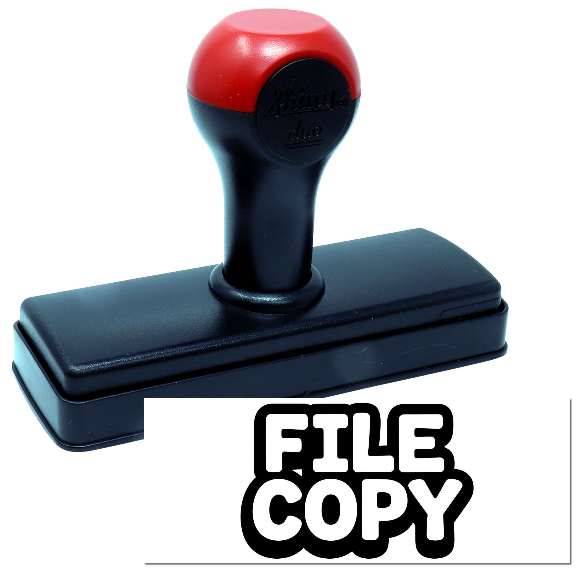 Red and black self-inking stamp with FILE COPY seal label