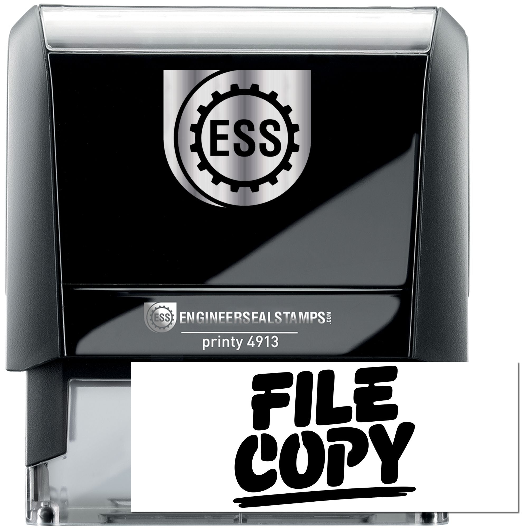 Black and gray self-inking stamp and seal with ESS logo, clear cover, and bold FILE COPY text.