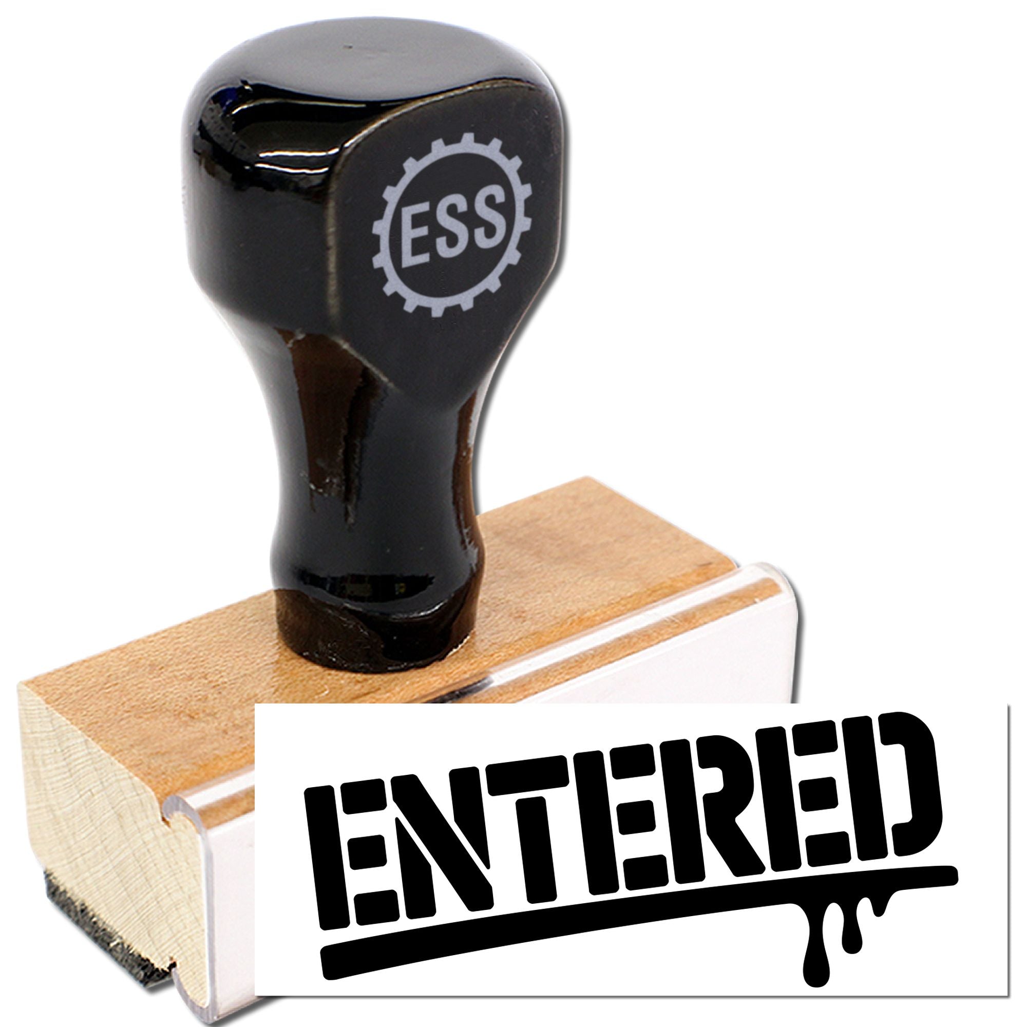 Black self-inking stamp and seal with ESS logo, wooden handle, and bold ENTERED imprint on white card.