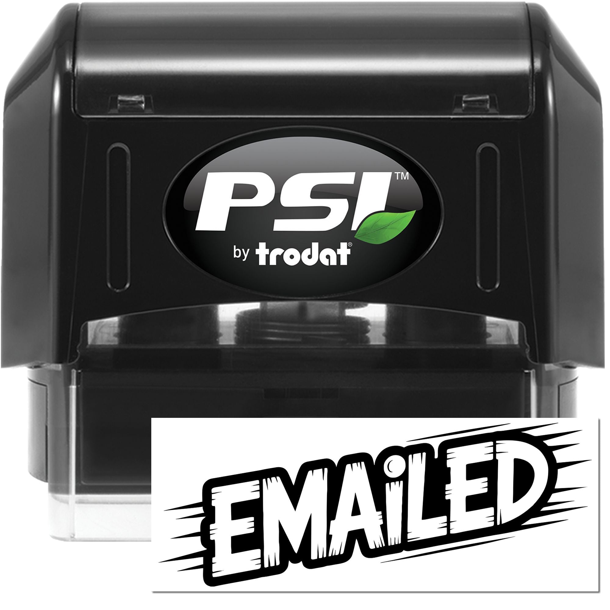 Black PSI by Trodat self-inking stamp with green leaf logo and EMAILED seal impression
