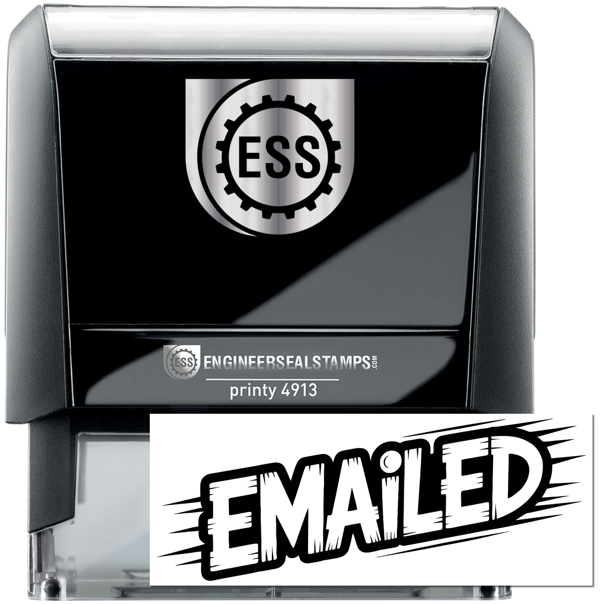 Black and silver Engineer Seal Stamps Printy 4913 self-inking seal stamp with ESS logo and bold EMAILED imprint.