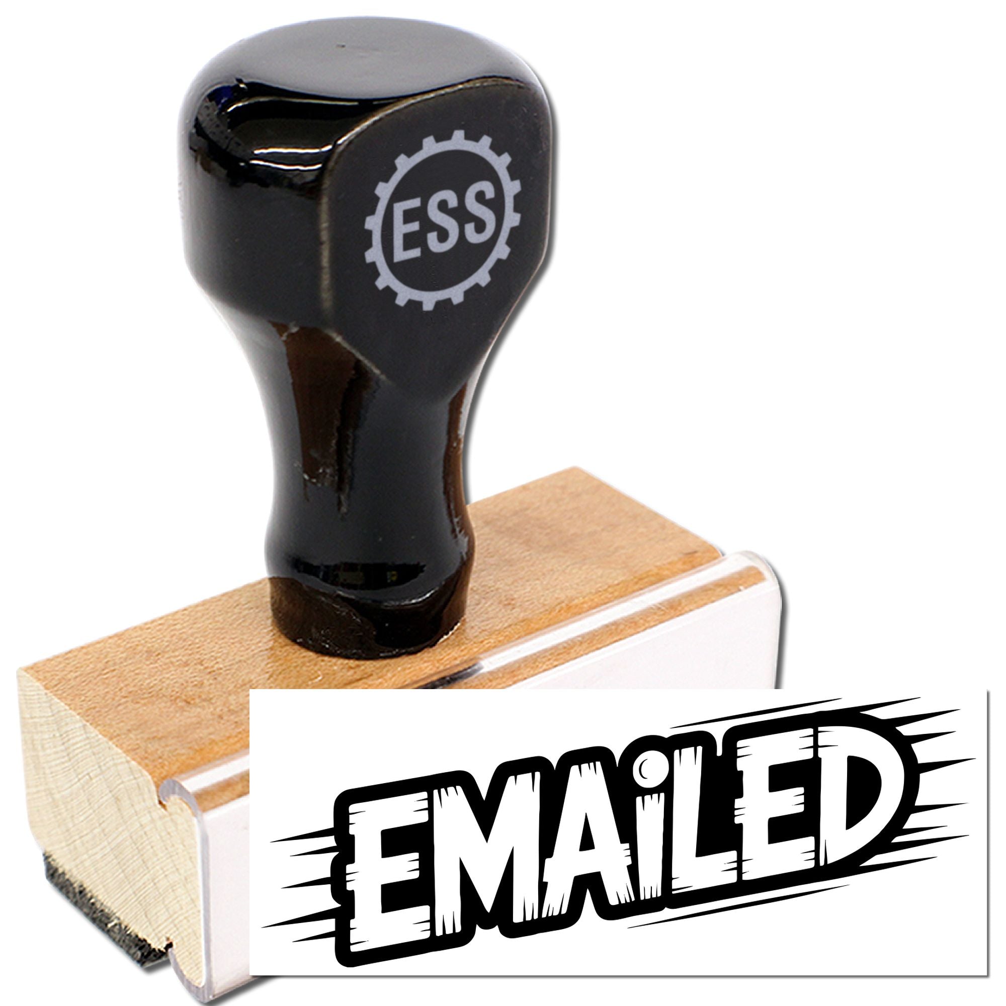 Black rubber stamp with ESS logo on wooden base, beside bold black-and-white EMAILED seal