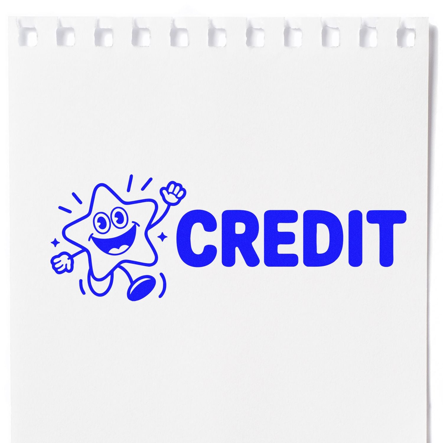 Blue CREDIT stamp and seal with smiling star mascot on white notepad.
