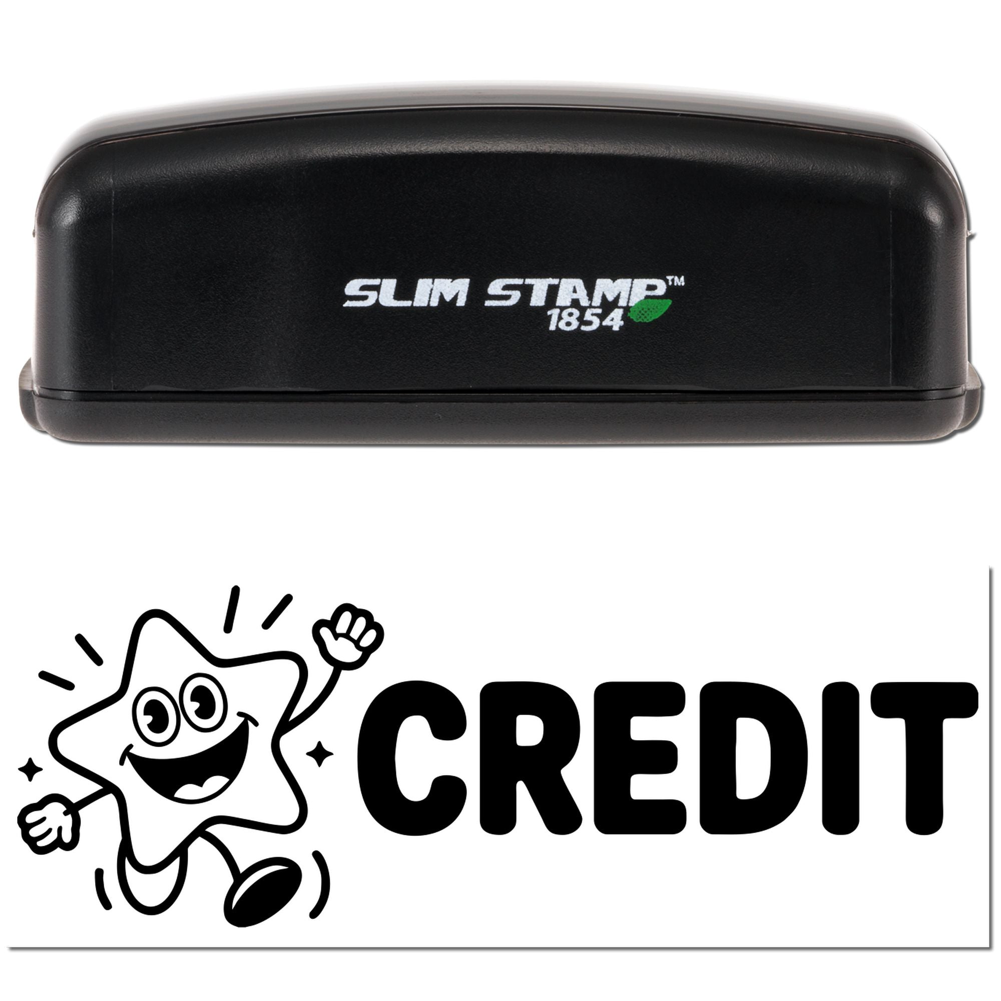 Black Slim Stamp 1854 stamp and seal case with white logo, green leaf accent, and CREDIT branding mascot.