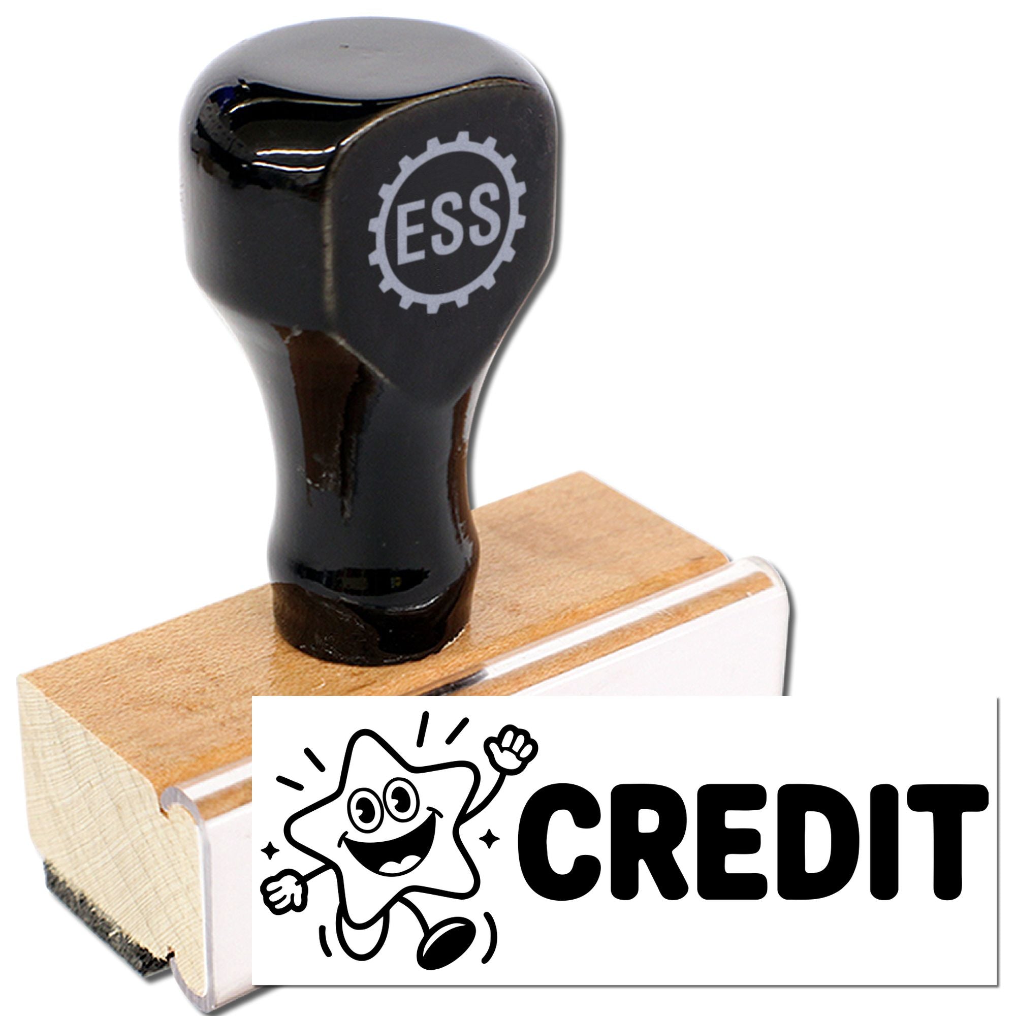 Black ESS rubber stamp on a wooden block with white CREDIT seal graphic