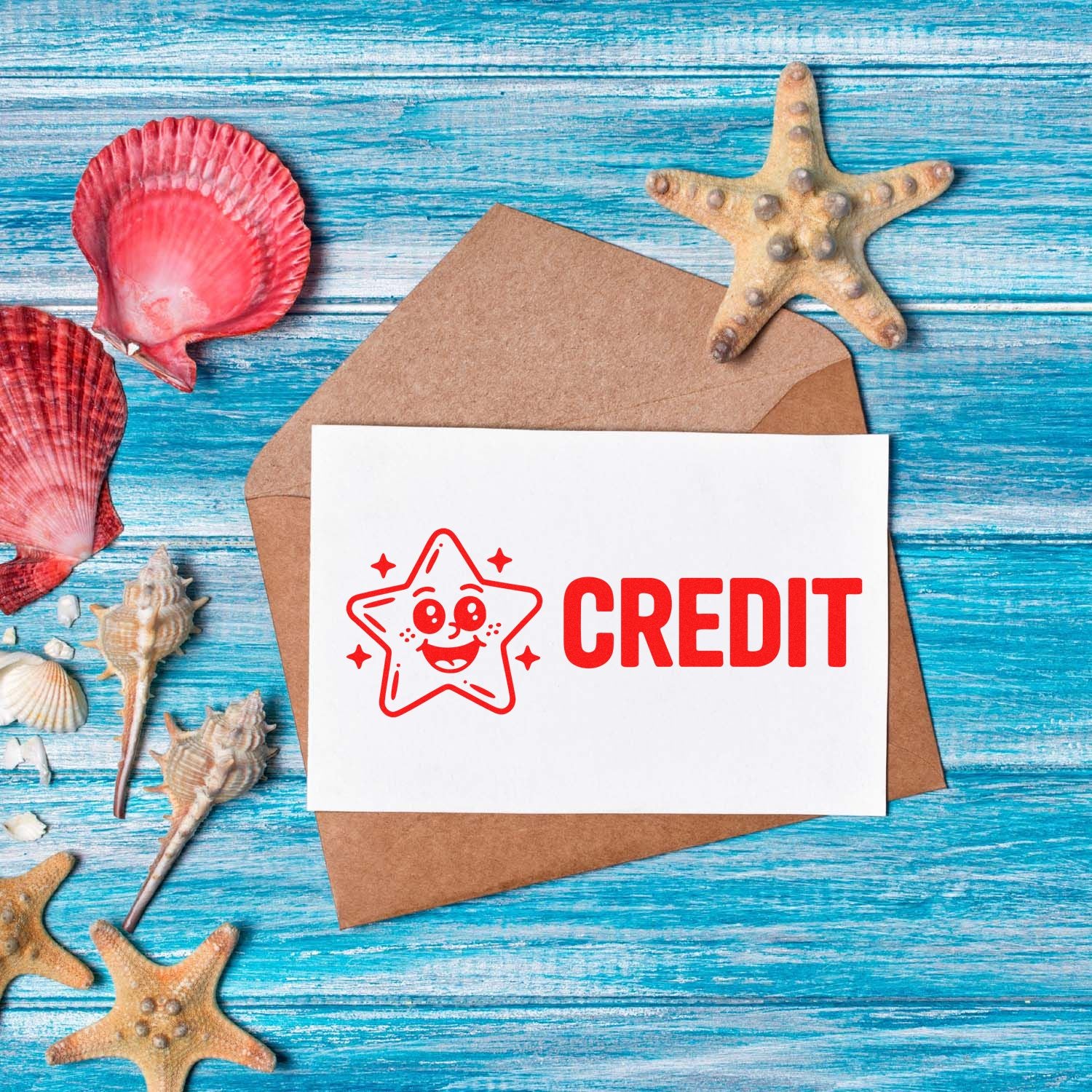 Red CREDIT stamp and seal on white card over a brown envelope, with seashells and starfish on a blue wooden background.