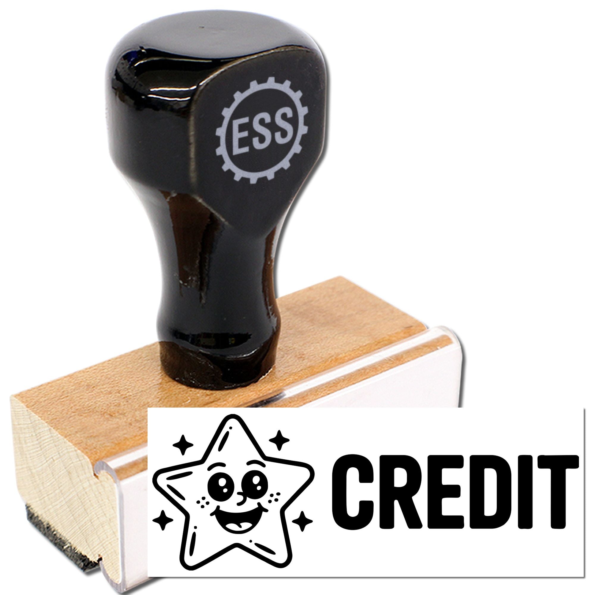 Black ESS stamp handle on a wooden block with white CREDIT seal card and star icon on a white background.