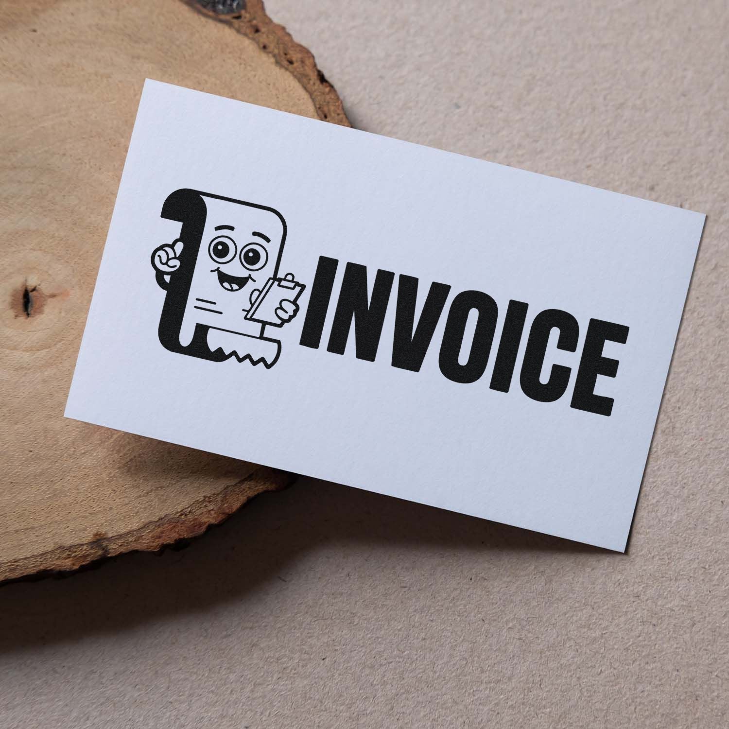Black invoice stamp and seal design on white card, with cartoon receipt mascot holding a clipboard on kraft paper background.