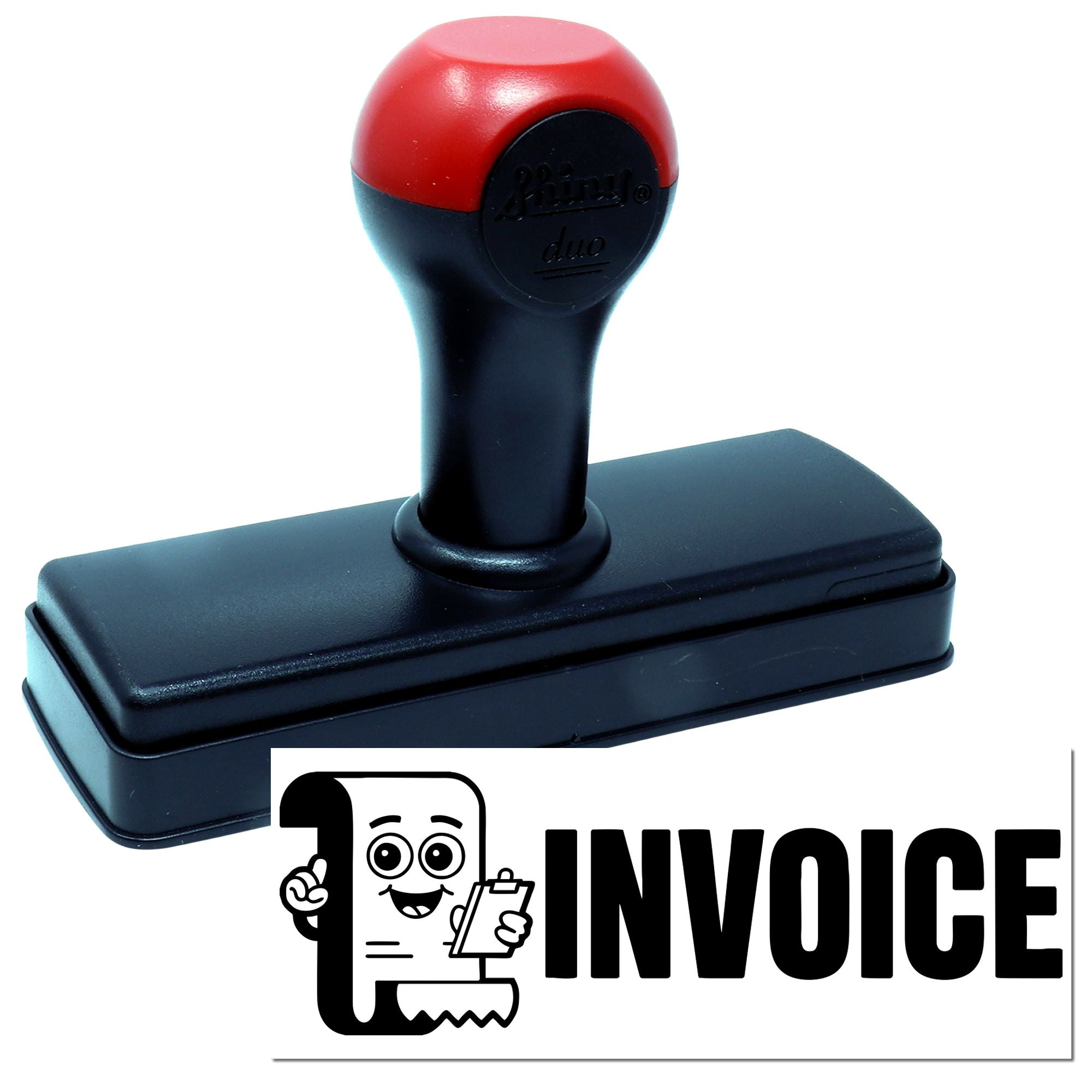 Black self-inking invoice stamp with red handle and bold INVOICE seal impression.