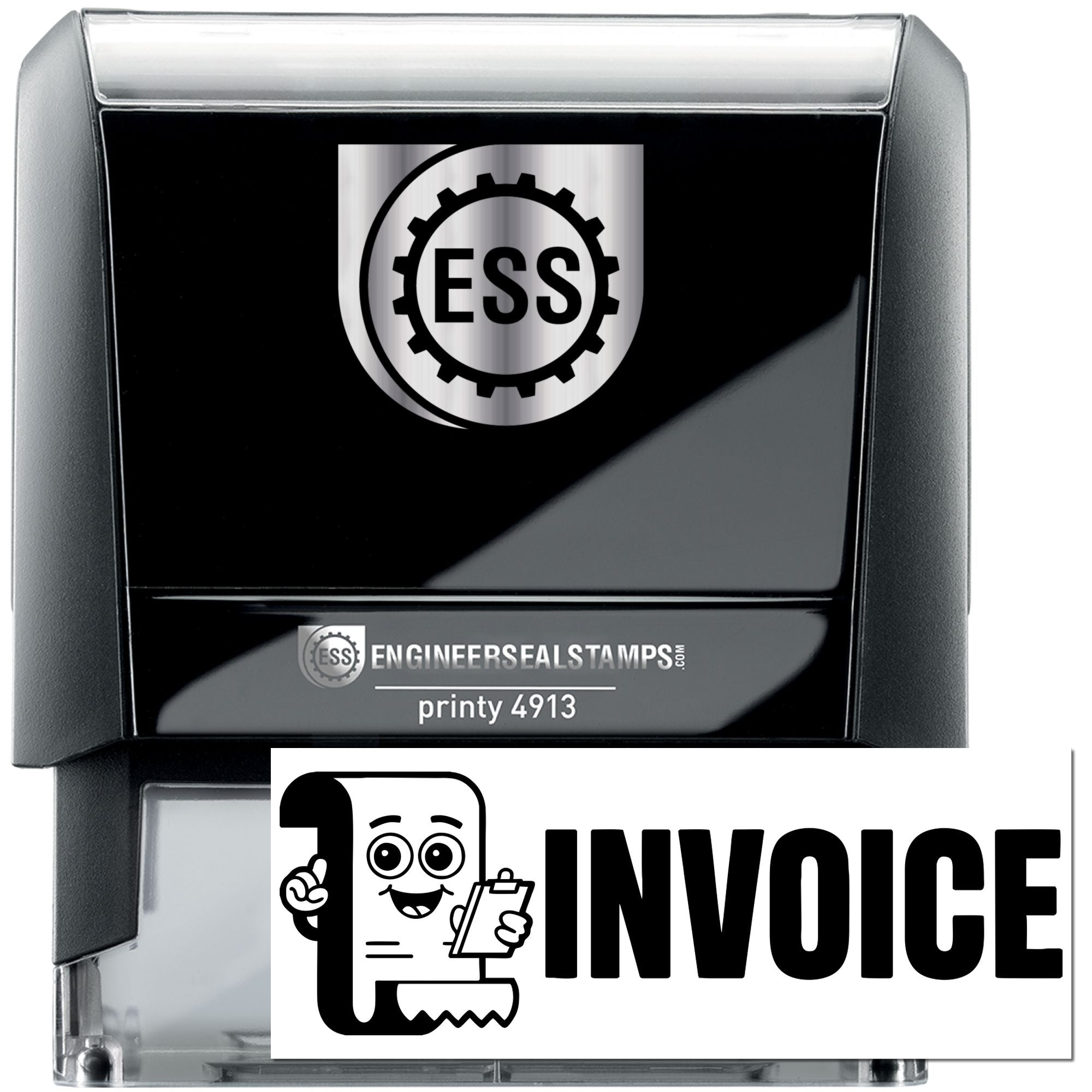 Black self-inking engineer seal stamp with silver trim, ESS logo, and invoice graphic.