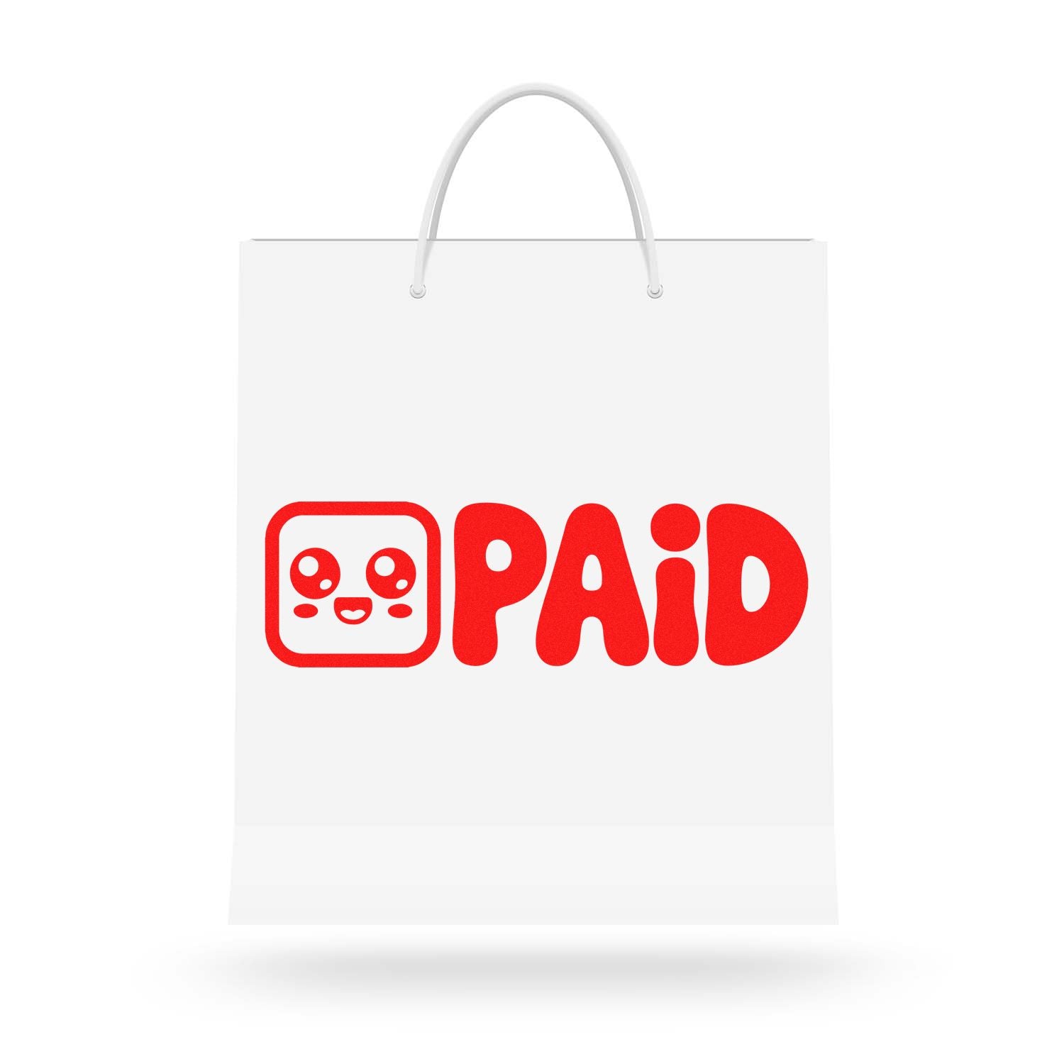 White tote bag with white handles and bold red PAID stamp featuring a cute seal icon, minimalist design.