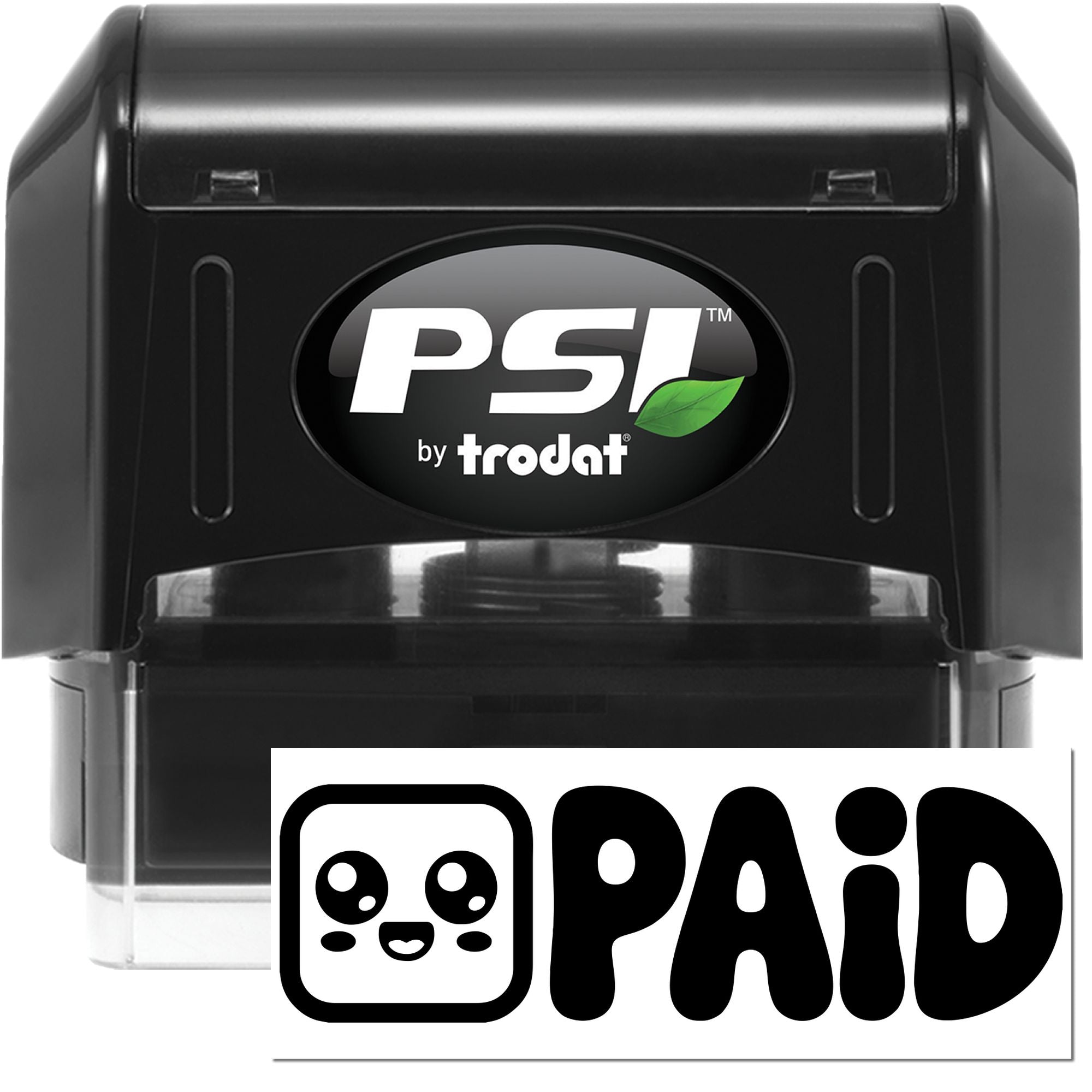 Black PSI by trodat self-inking stamp and PAID seal, black casing with white lettering and green leaf logo.