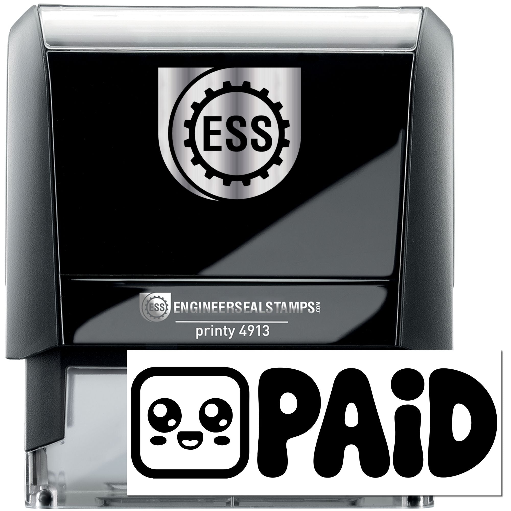 Black self-inking seal stamp with silver top, ESS logo, and bold PAID label in white and black.