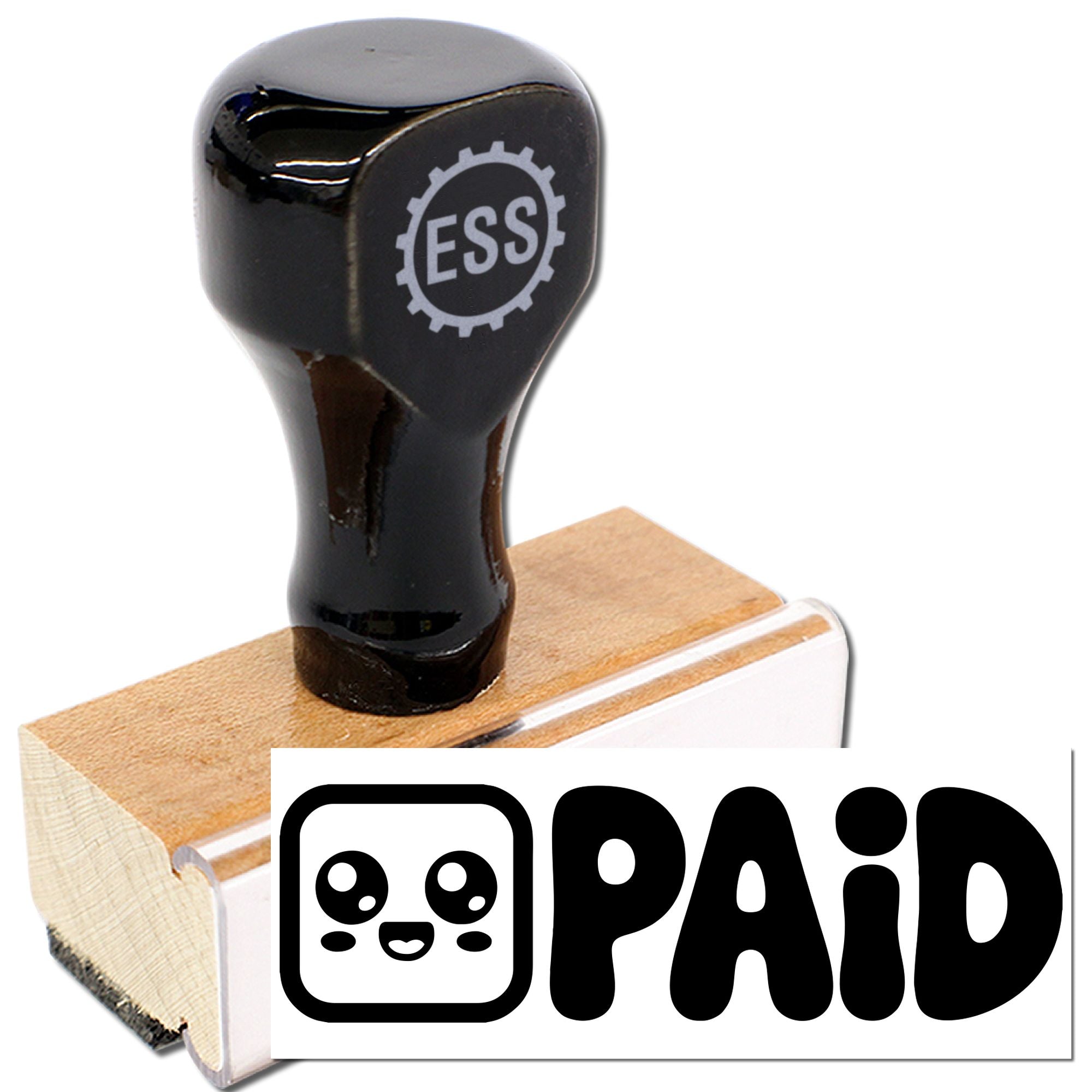 Black rubber stamp and seal with wooden handle, tan base, and PAID ESS logo on a white background.