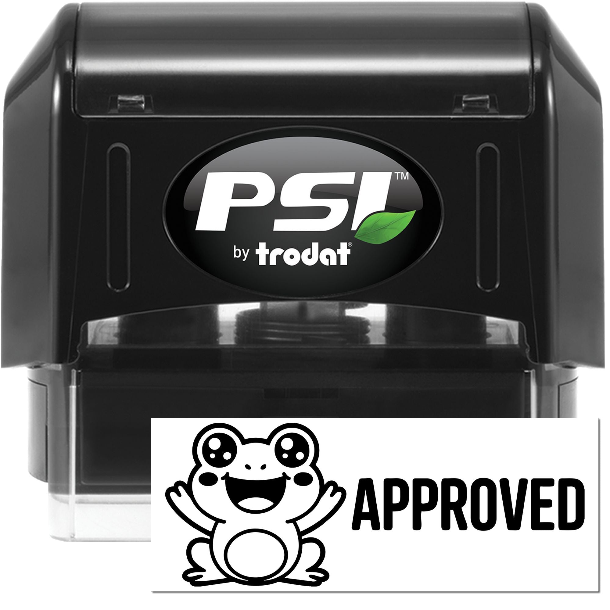 Black PSI by Trodat self-inking stamp with clear APPROVED frog seal, white lettering, and black housing.