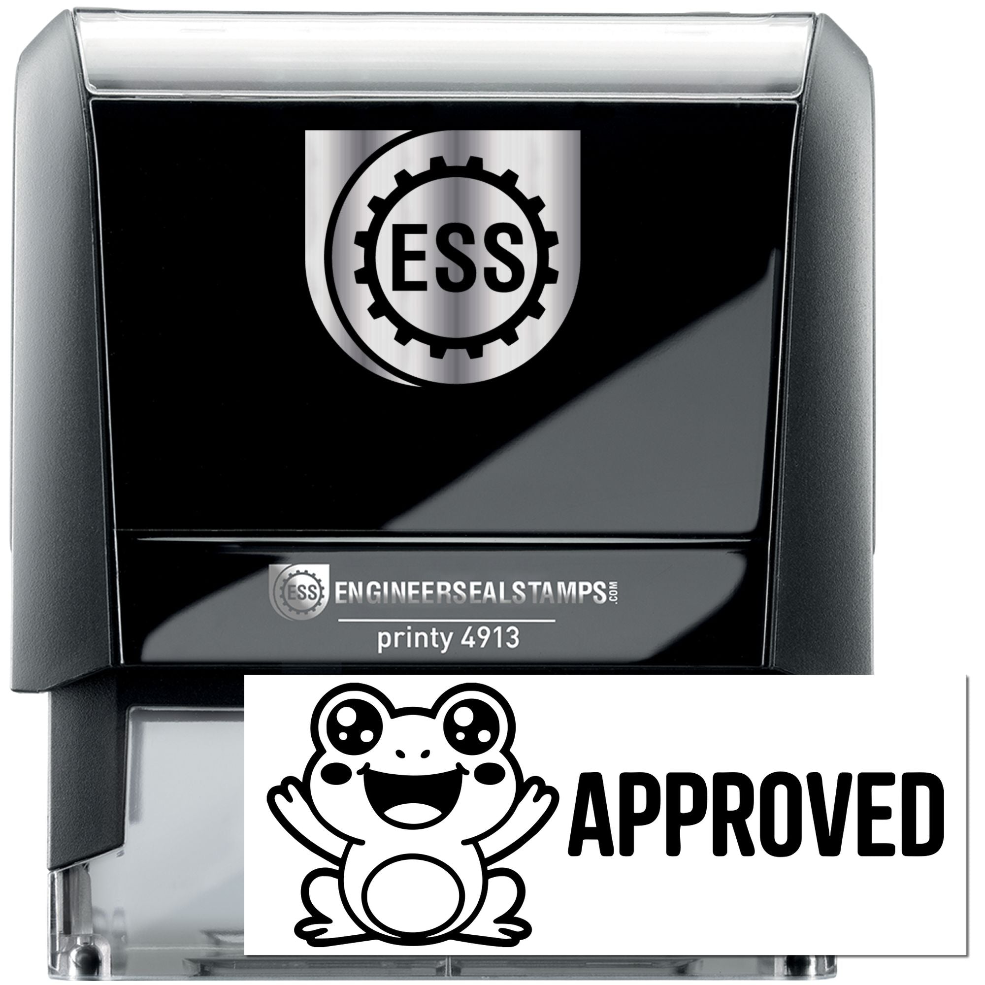 Black self-inking engineer seal stamp with silver ESS logo and cartoon frog APPROVED seal.