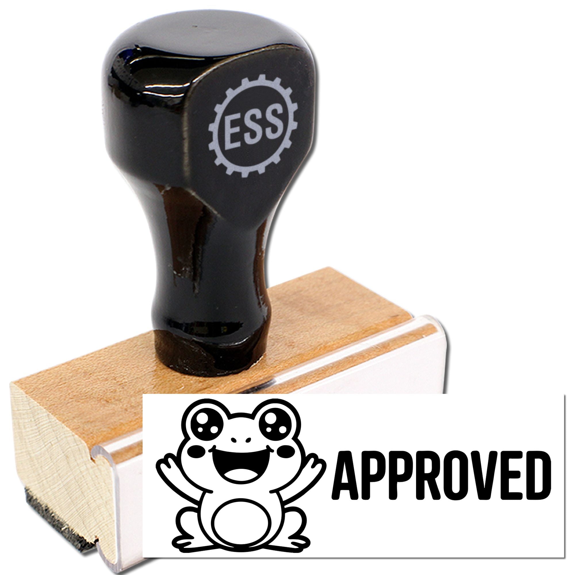 Black self-inking stamp and seal with frog APPROVED design on a wooden base, set against a white background.