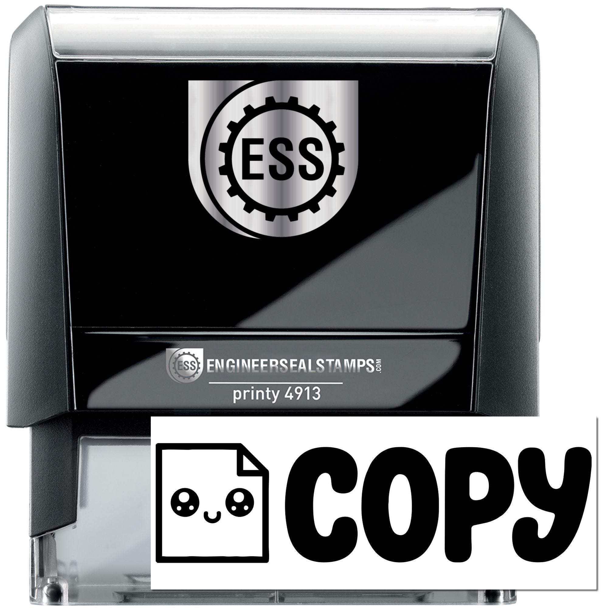 Black self-inking engineer seal stamp with silver top, ESS logo, and bold COPY mark on clear case