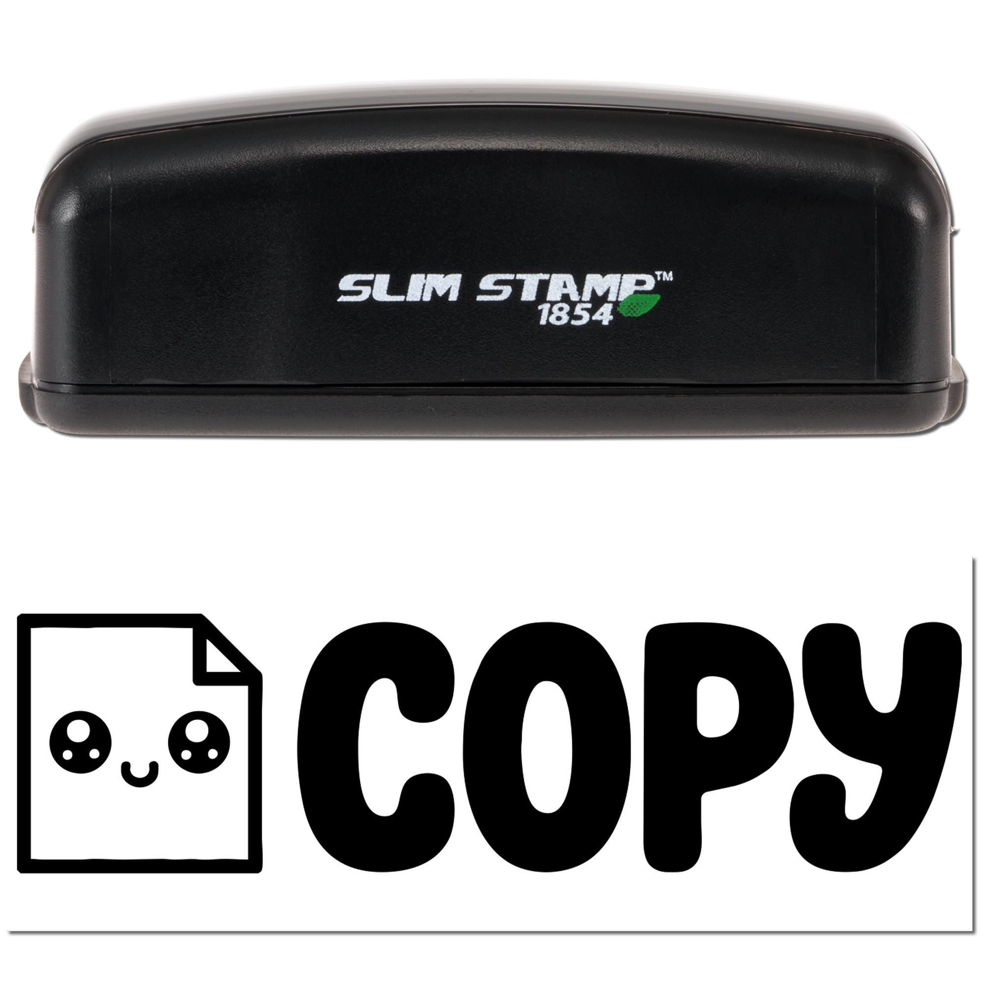 Black Slim Stamp 1854 self-inking stamp and copy seal with white logo, green accent, and bold COPY text.