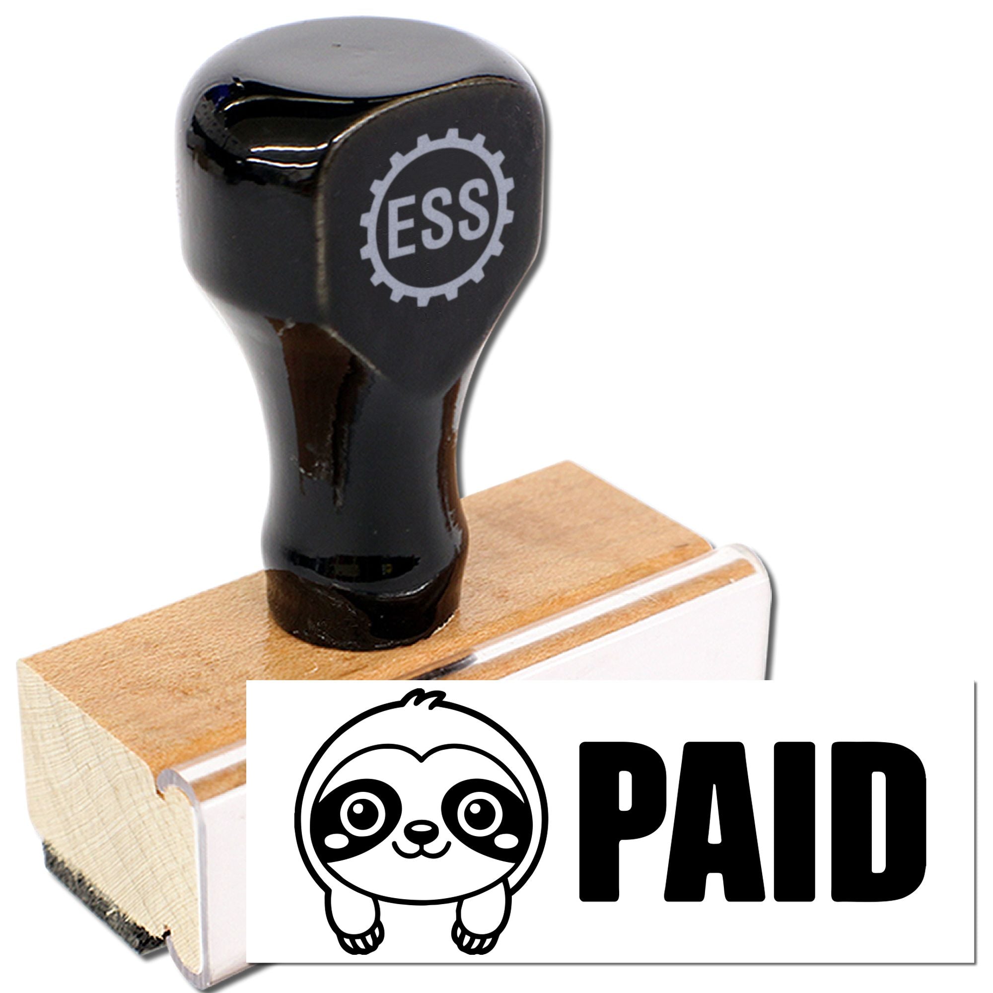 Black ESS rubber stamp and wooden seal block with panda PAID imprint, black and white design