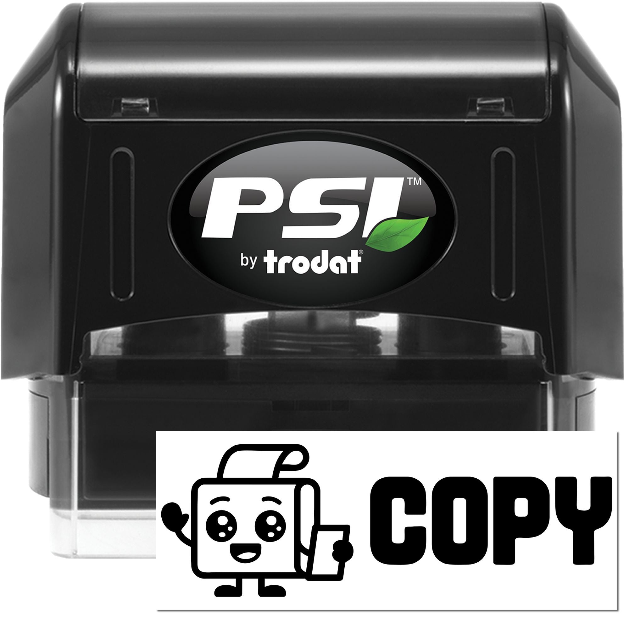 Black PSI by Trodat self-inking stamp and seal with green leaf logo and clear base, shown above a COPY graphic.