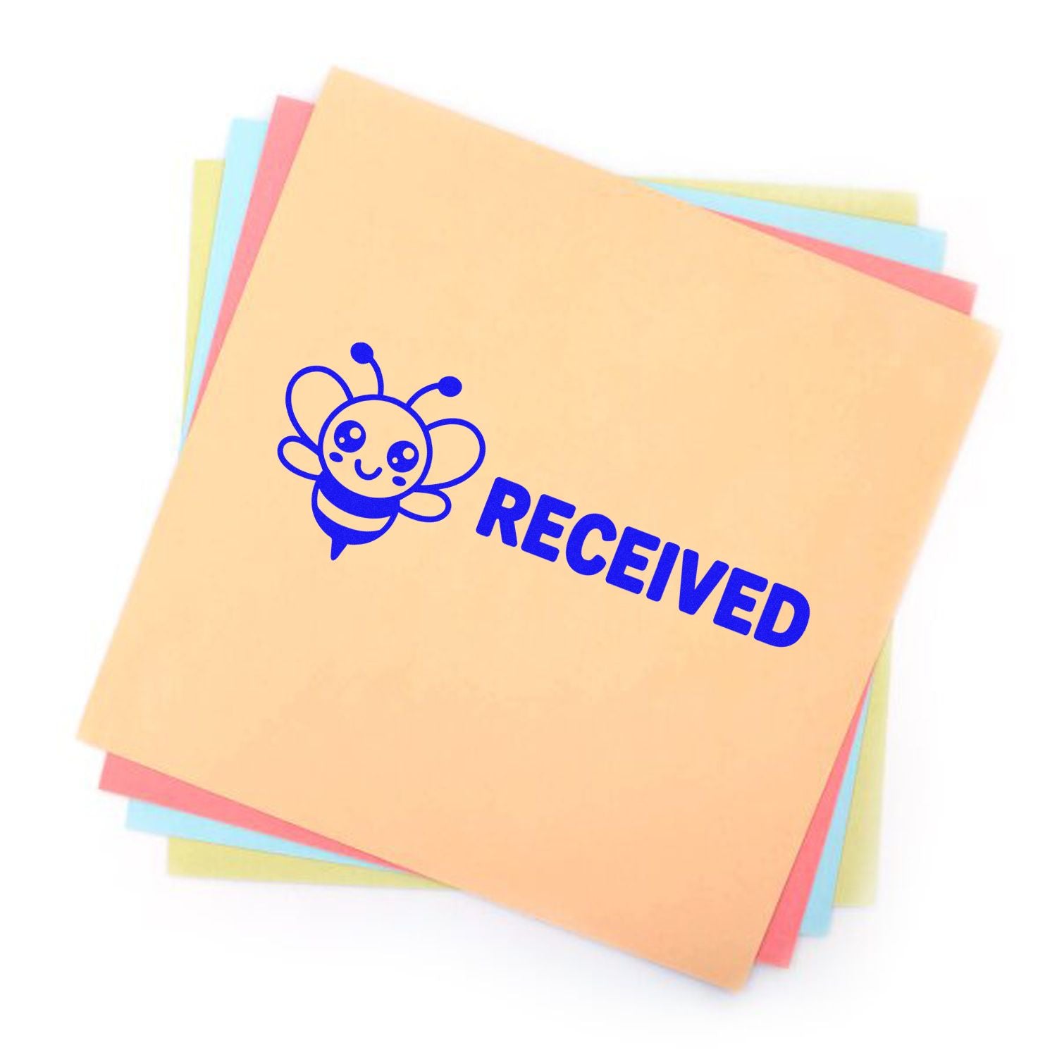 Pastel paper stack with blue RECEIVED stamp and bee seal