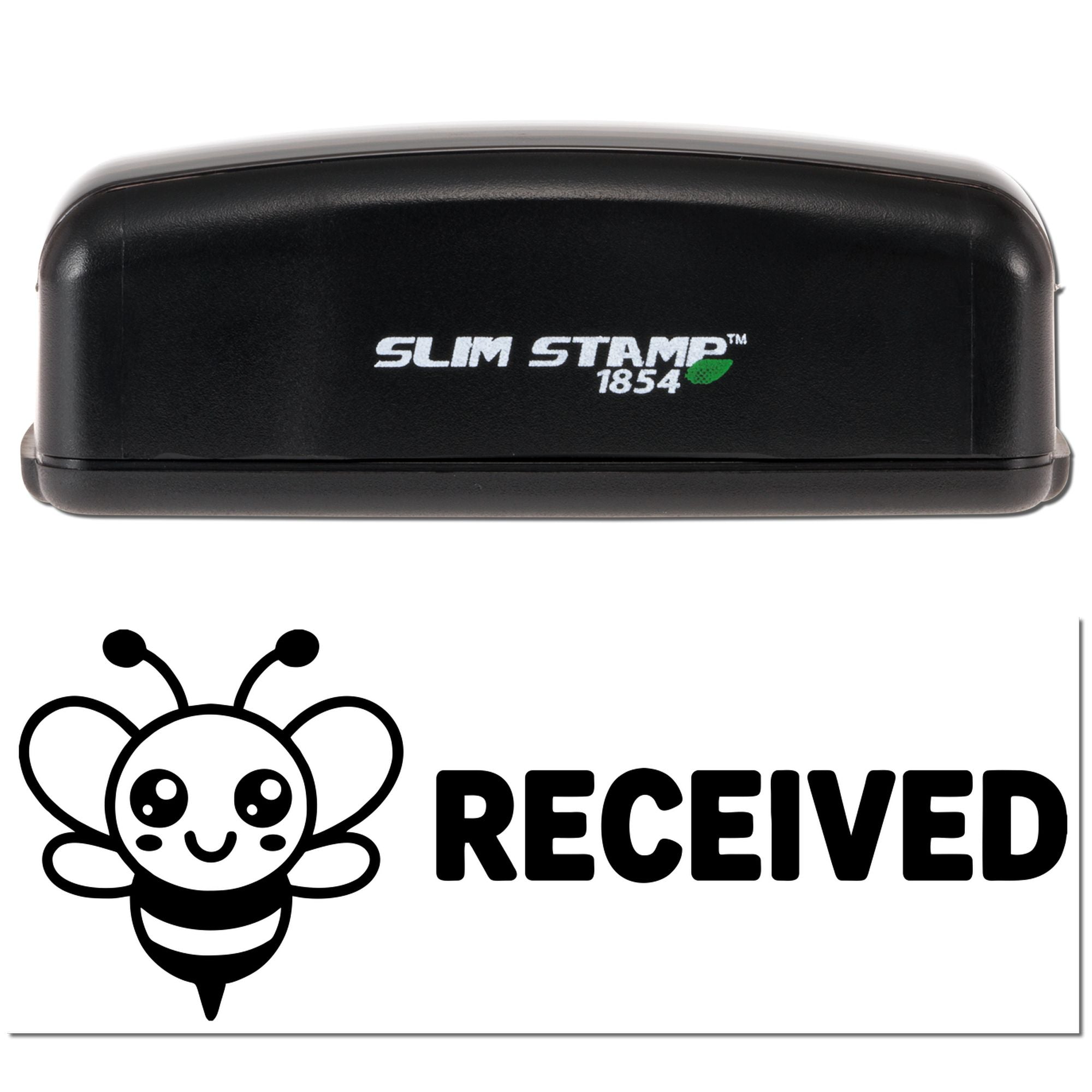Black Slim Stamp 1854 stamp with green logo above a black RECEIVED seal featuring a cute bee on white background.