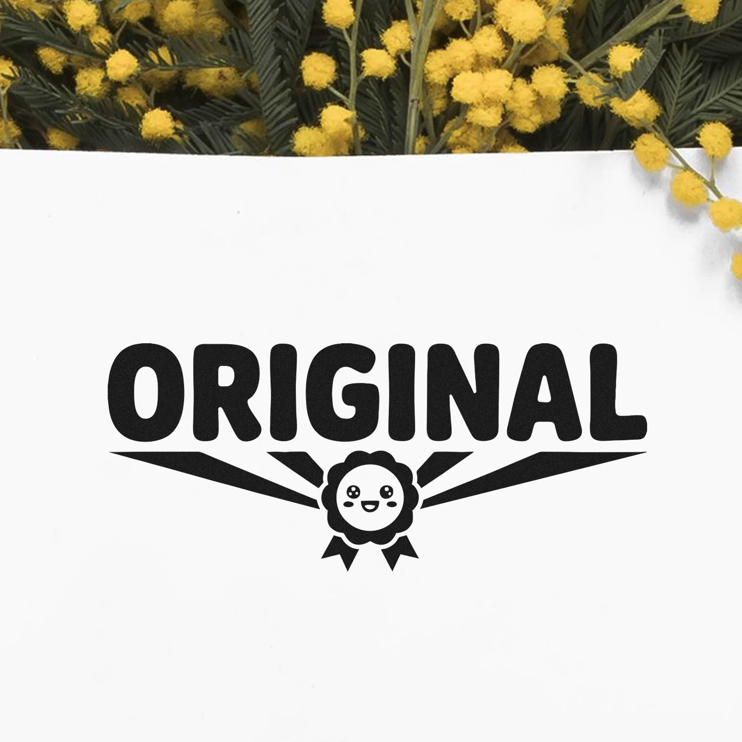 Black ORIGINAL stamp seal with cute mascot logo on a white background, framed by yellow flowers.
