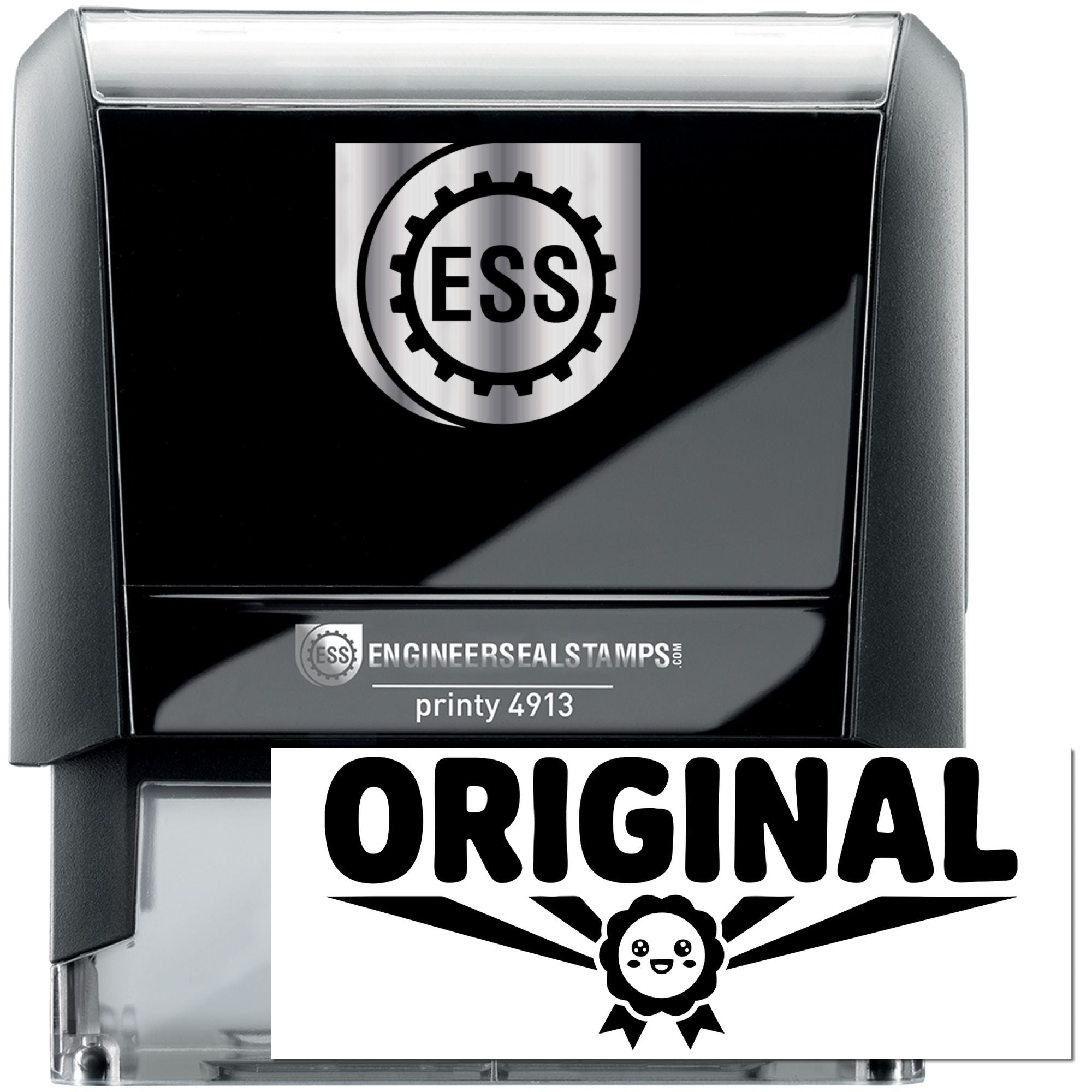 Black self-inking stamp and seal products with silver ESS logo and bold ORIGINAL imprint on white.