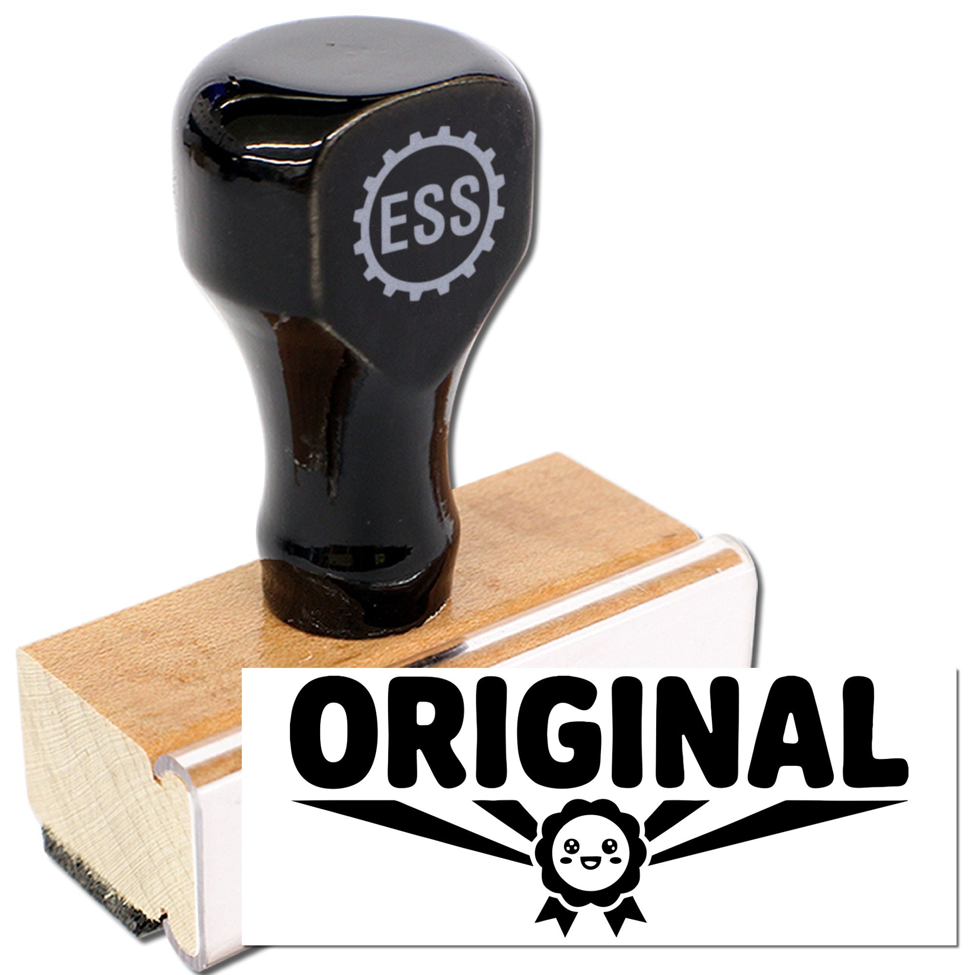 Black original stamp seal with gear logo and white ORIGINAL text on wooden base, for stamp and seal products.