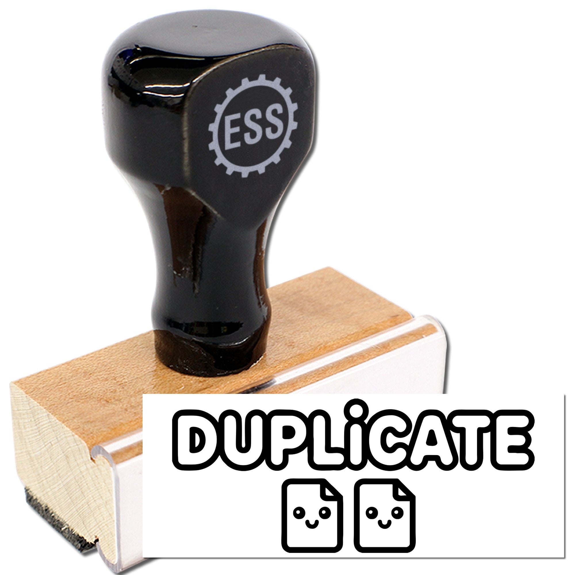 Black ESS duplicate stamp with wooden handle and clear mount, isolated on white background.