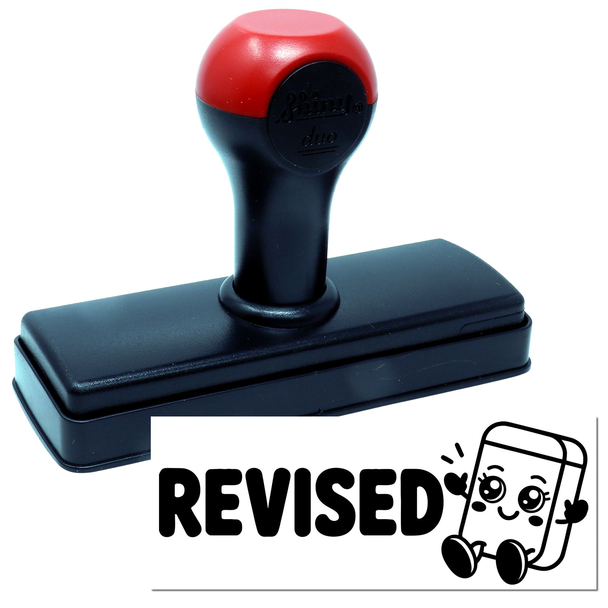 Red and black self-inking rubber stamp with rectangular base and bold REVISED seal graphic