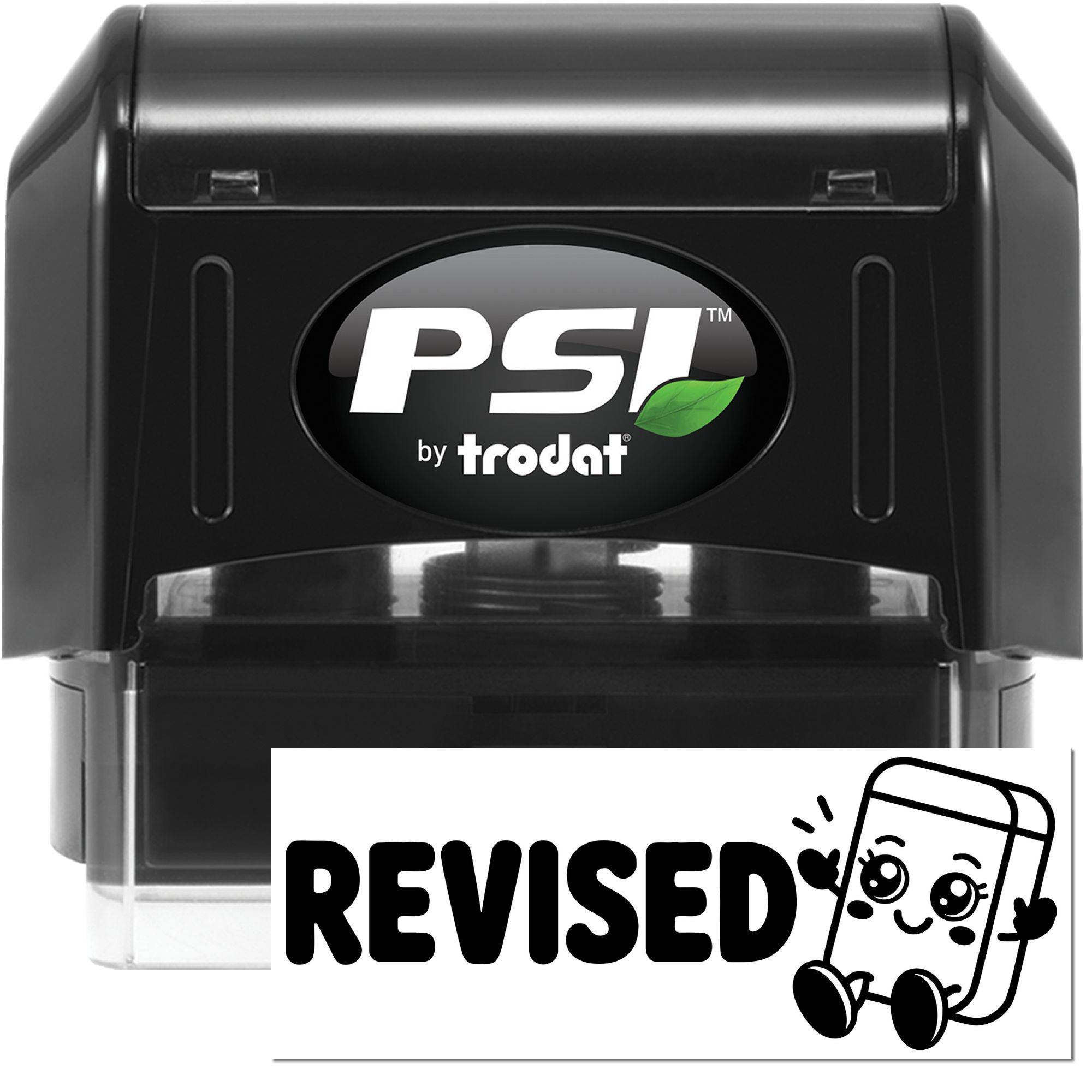 Black PSI by Trodat self-inking stamp and seal with green leaf logo and bold REVISED imprint.