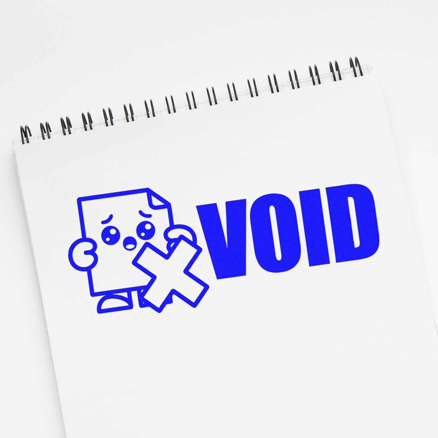 Blue VOID stamp and seal with cartoon paper icon on a white spiral notebook page