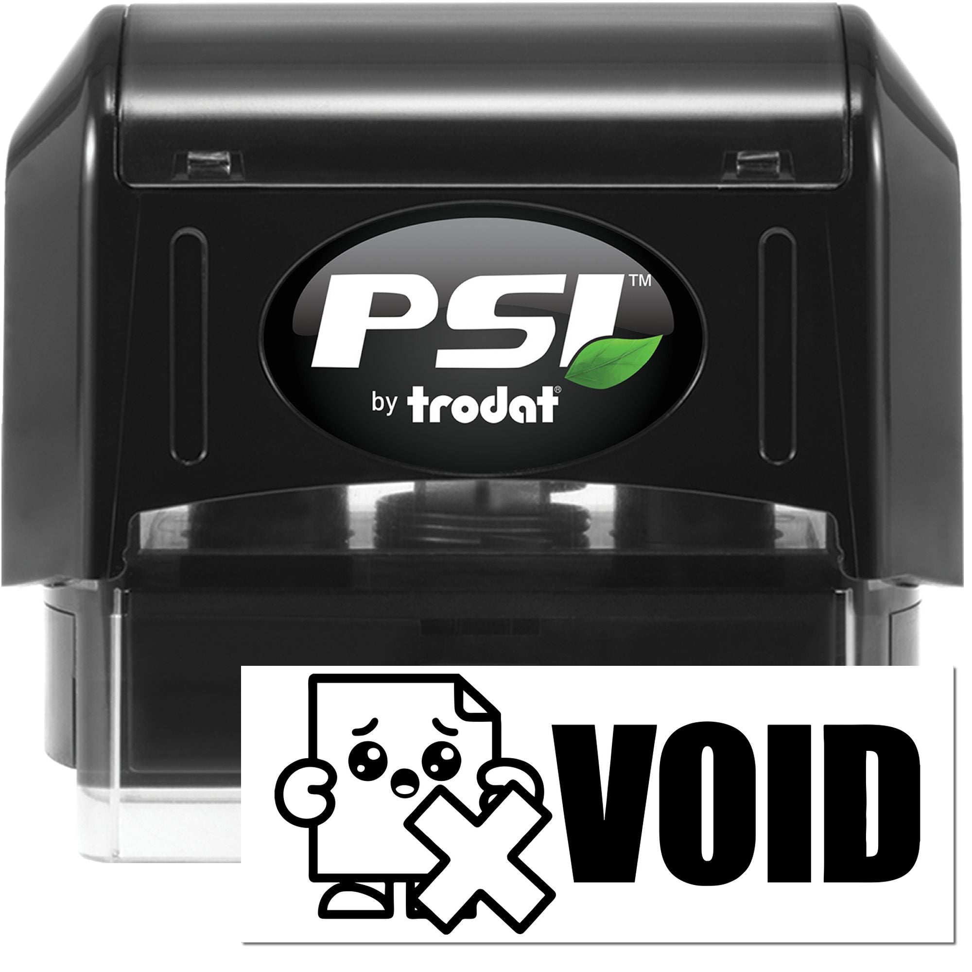 Black PSI by trodat self-inking stamp and VOID seal with white lettering and green leaf logo.
